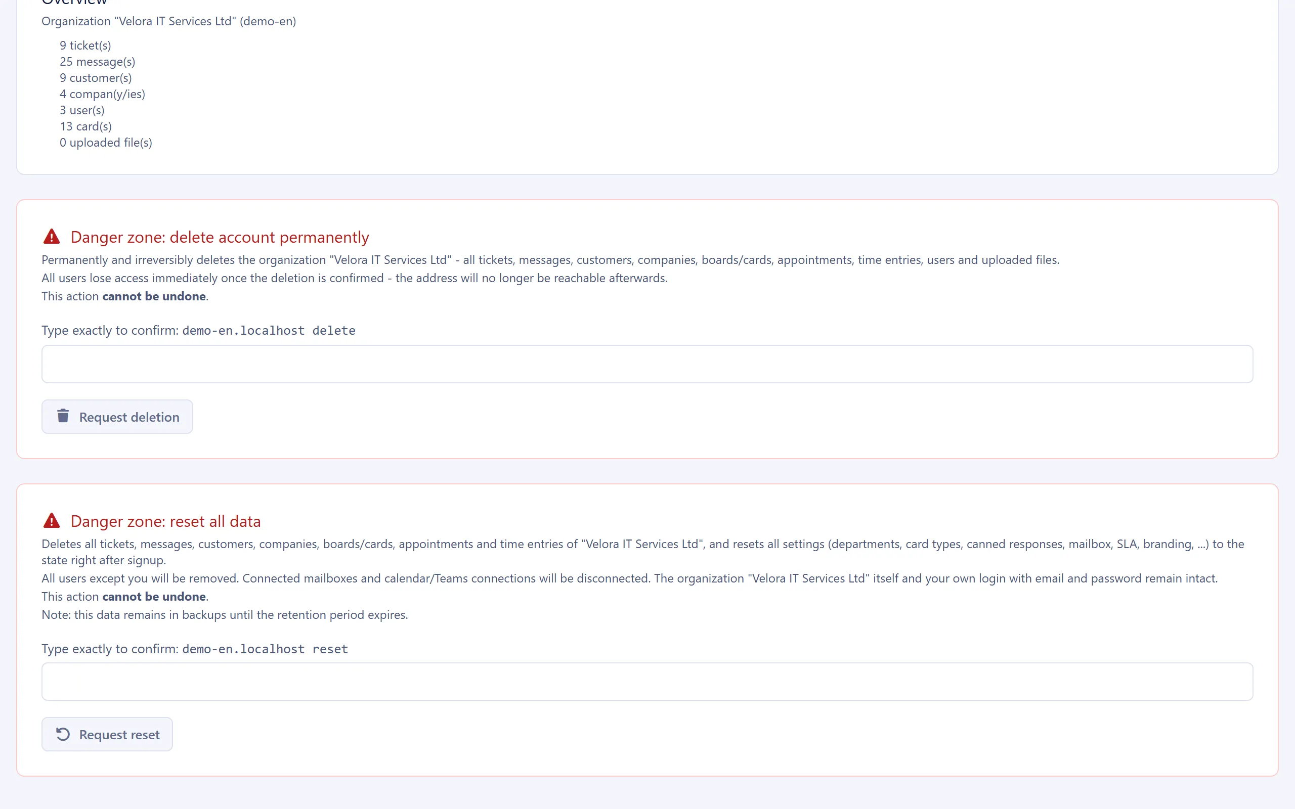 The Danger zone card for deleting the account, with the confirmation field and the Request deletion button