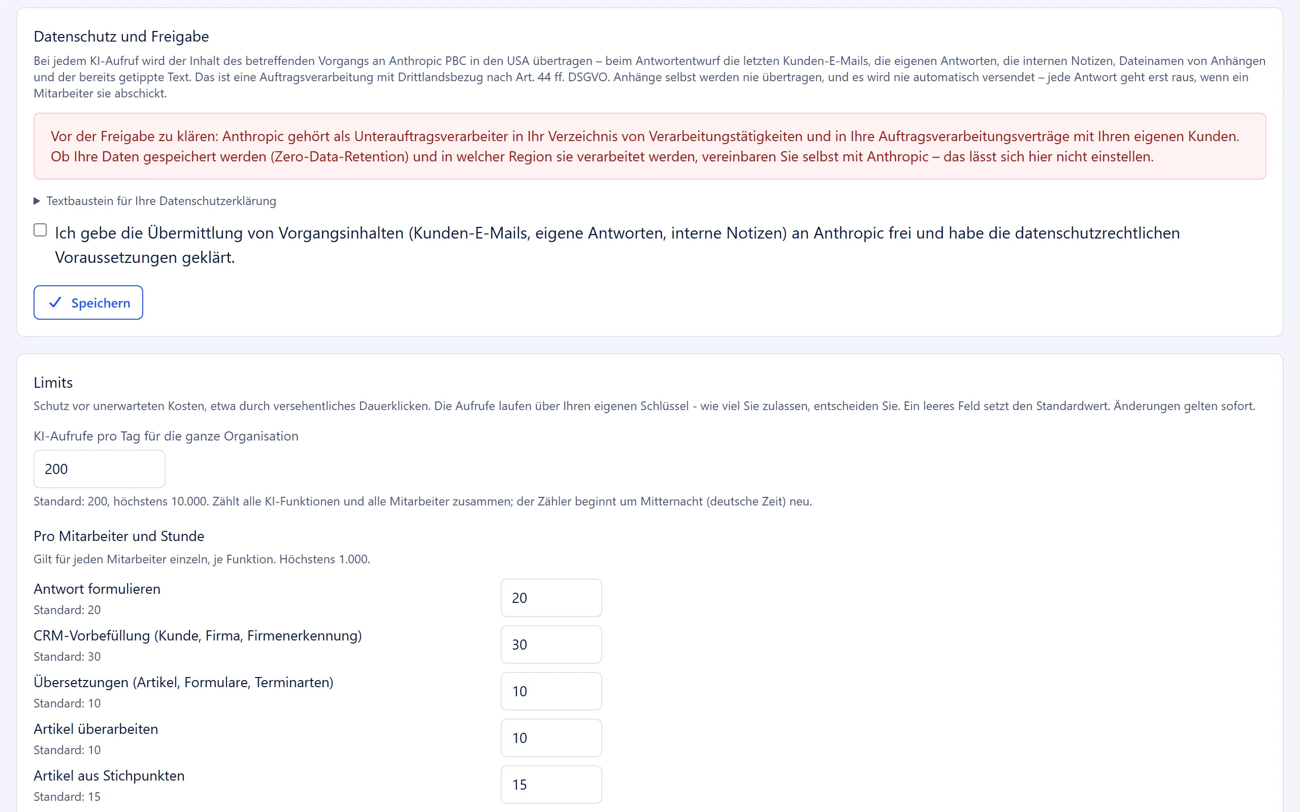 Abschnitt “Datenschutz und Freigabe” mit der Einwilligungs-Checkbox der KI-Funktionen