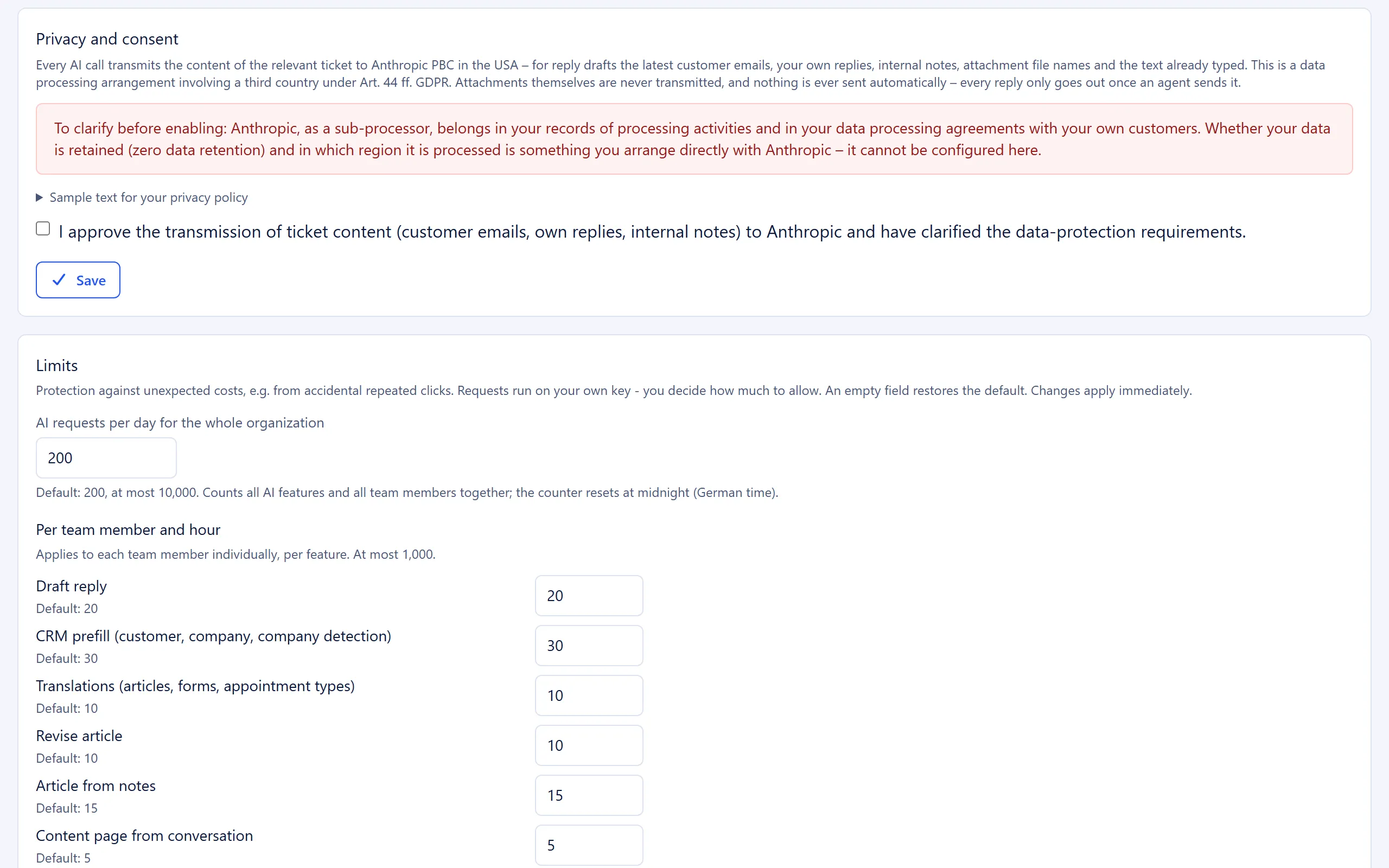 Privacy and consent section with the consent checkbox for the AI features