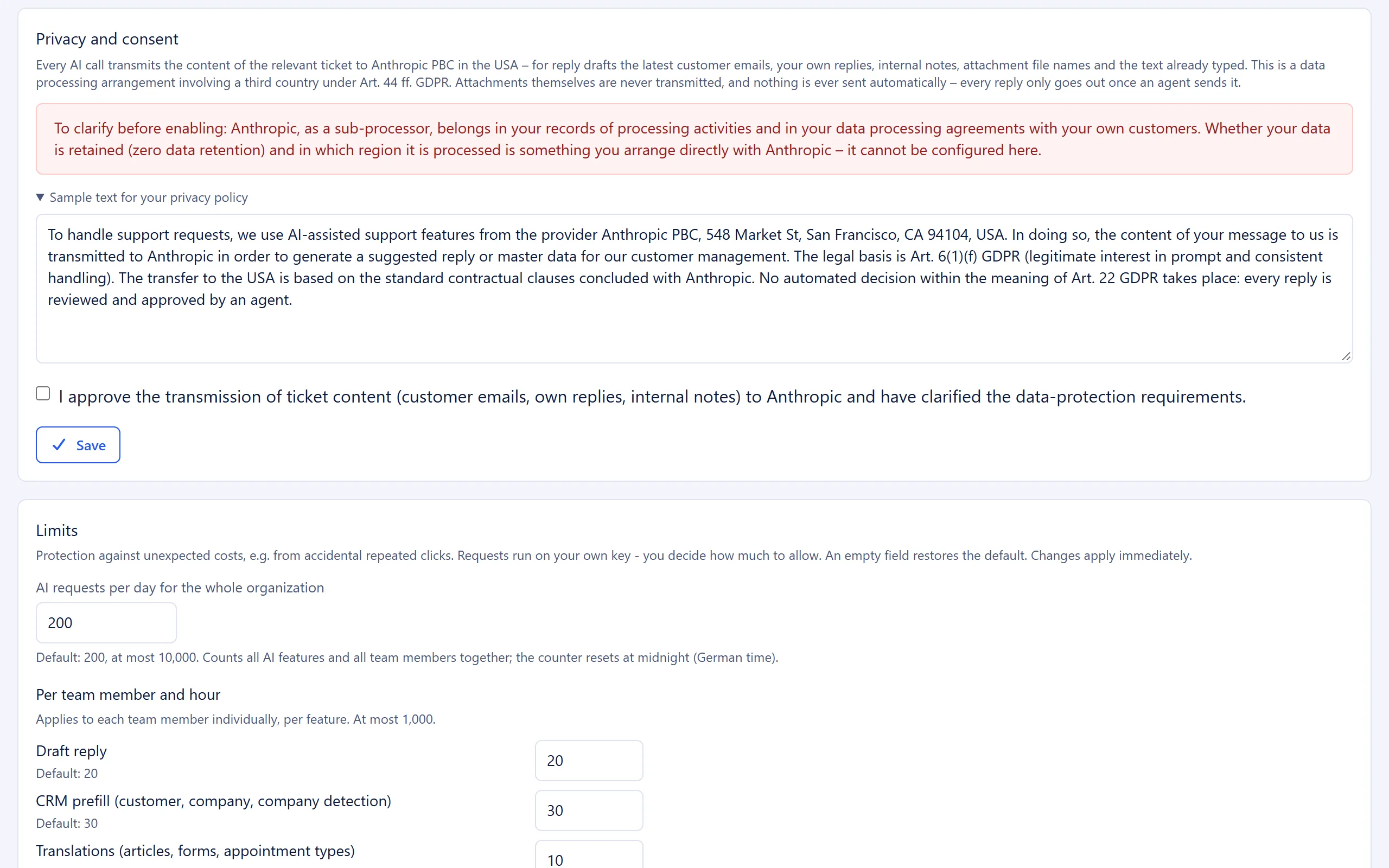 Privacy and consent section with the sample privacy policy text and the approval checkbox