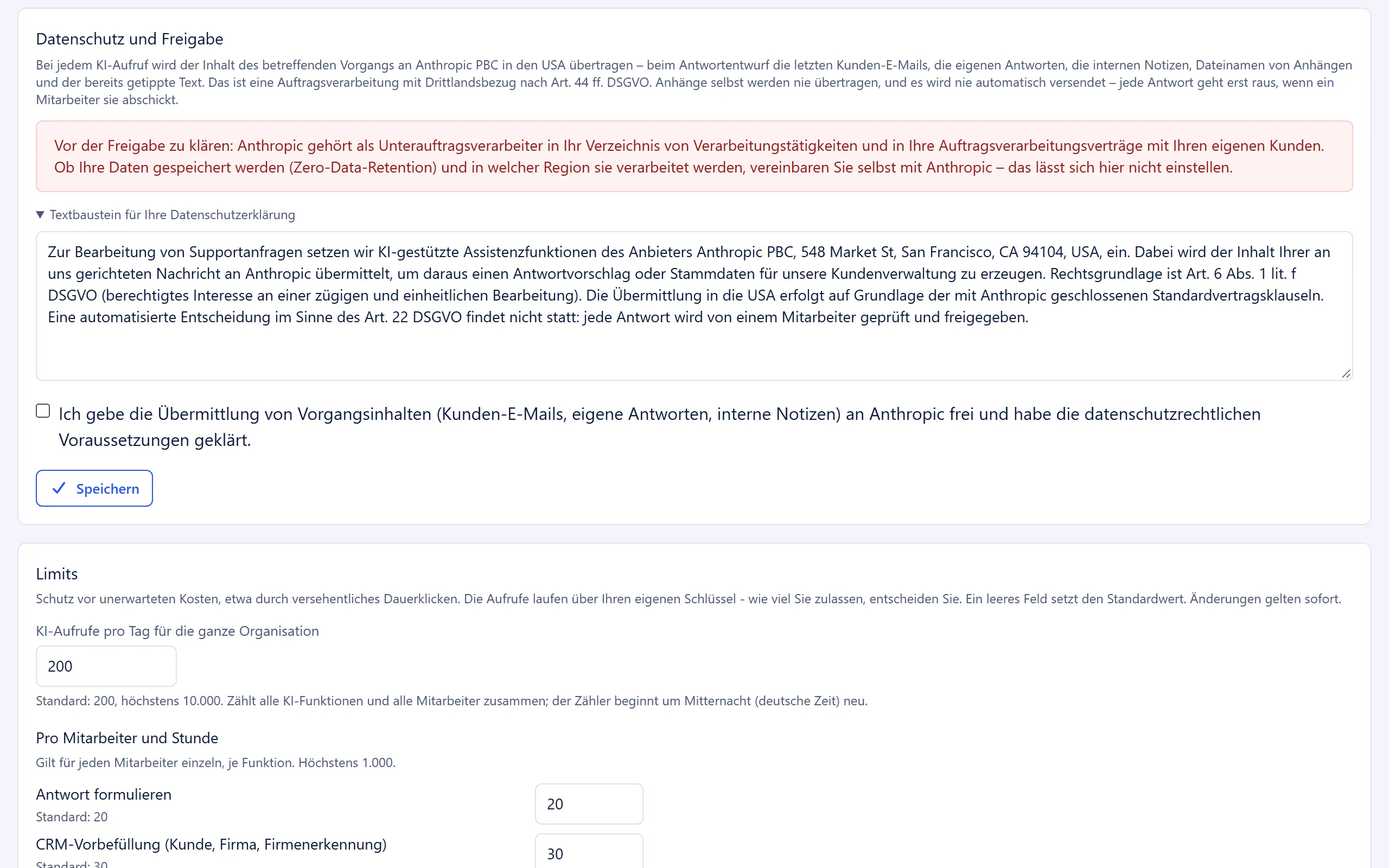 Abschnitt Datenschutz und Freigabe mit Textbaustein und Freigabe-Checkbox
