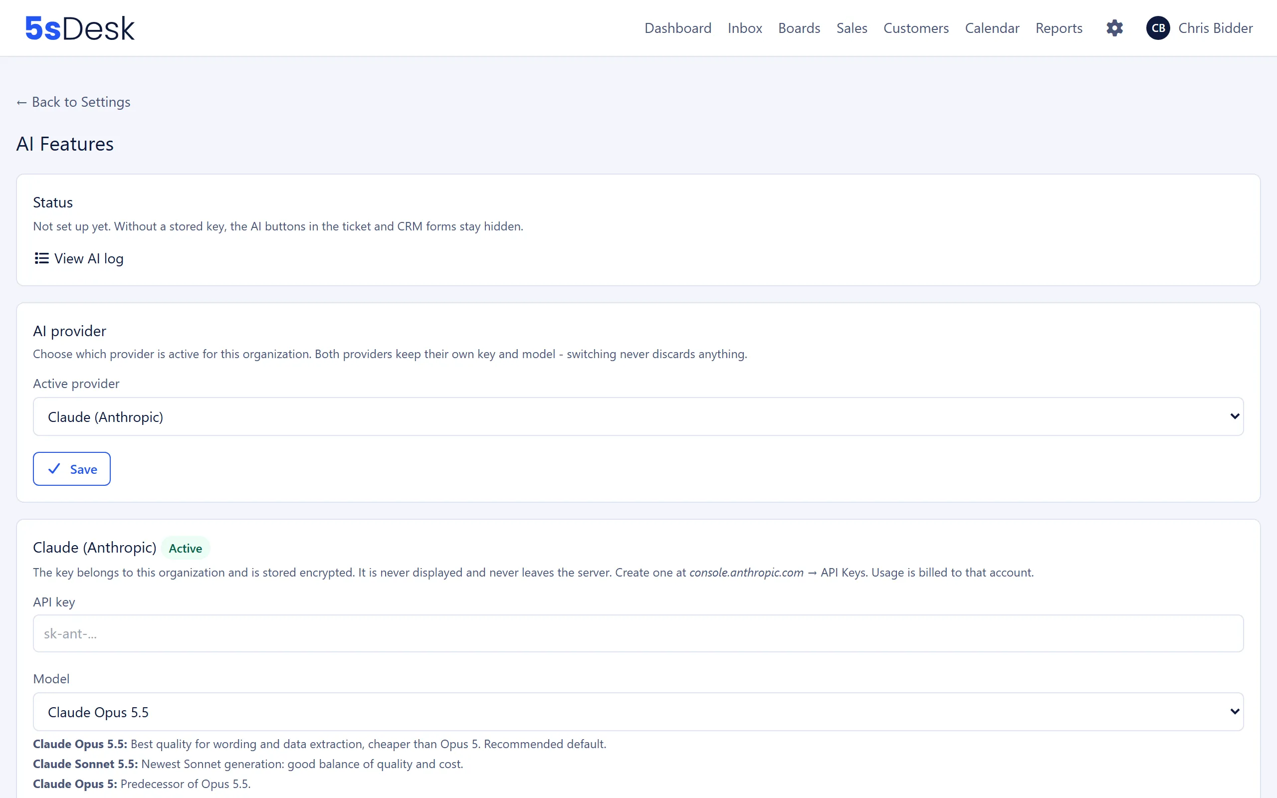 AI features settings page showing the status and the choice of AI provider