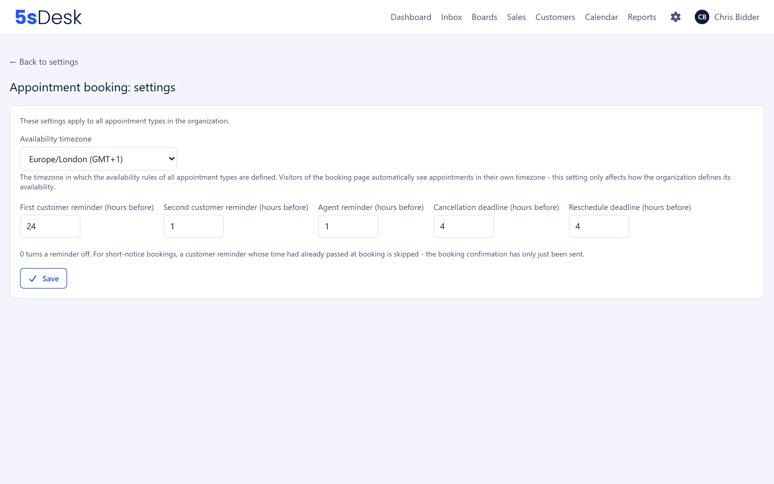 The “Appointment booking: settings” page with time zone, reminders and deadlines