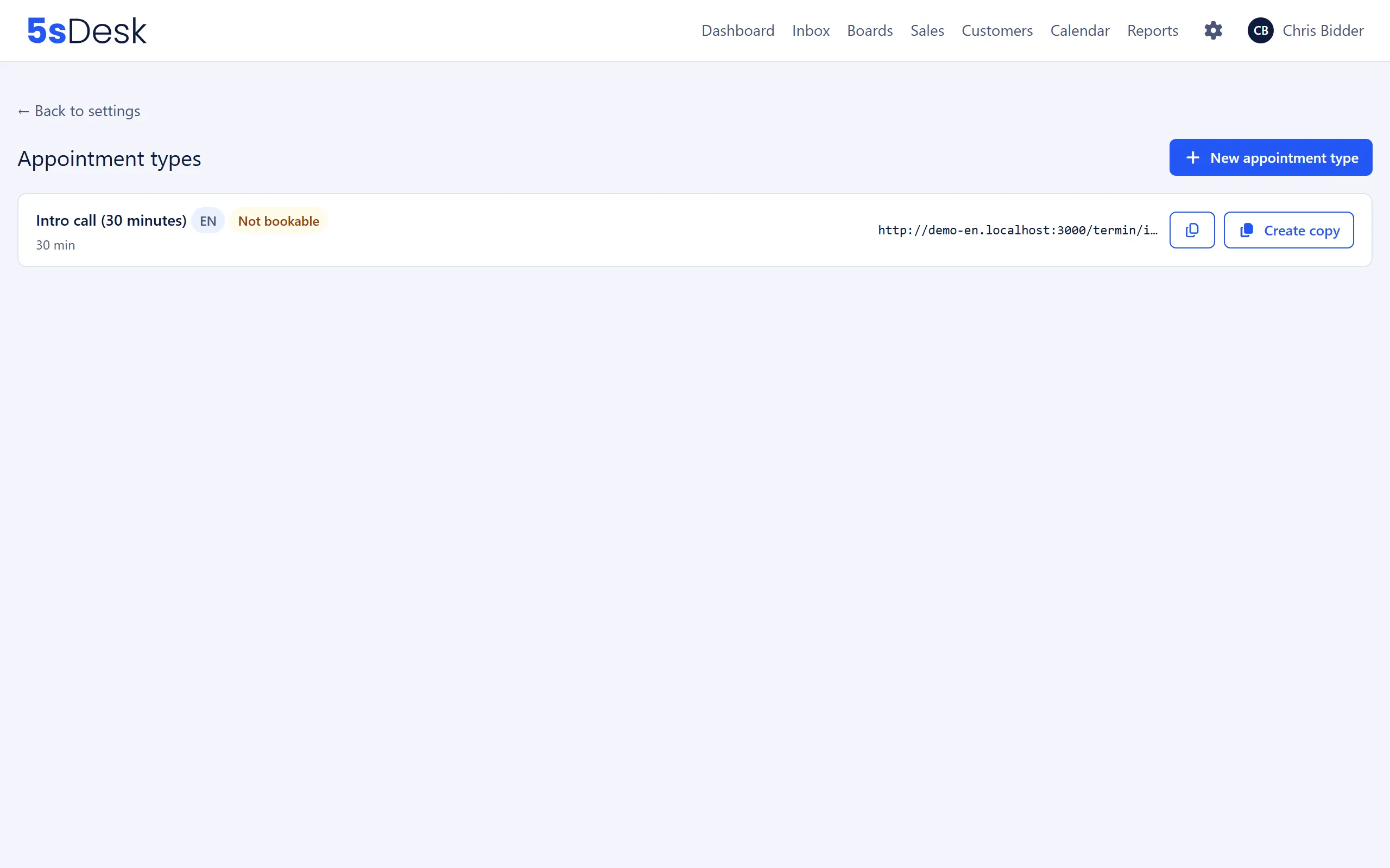 The “Appointment types” list with booking link, badges and language for each appointment type