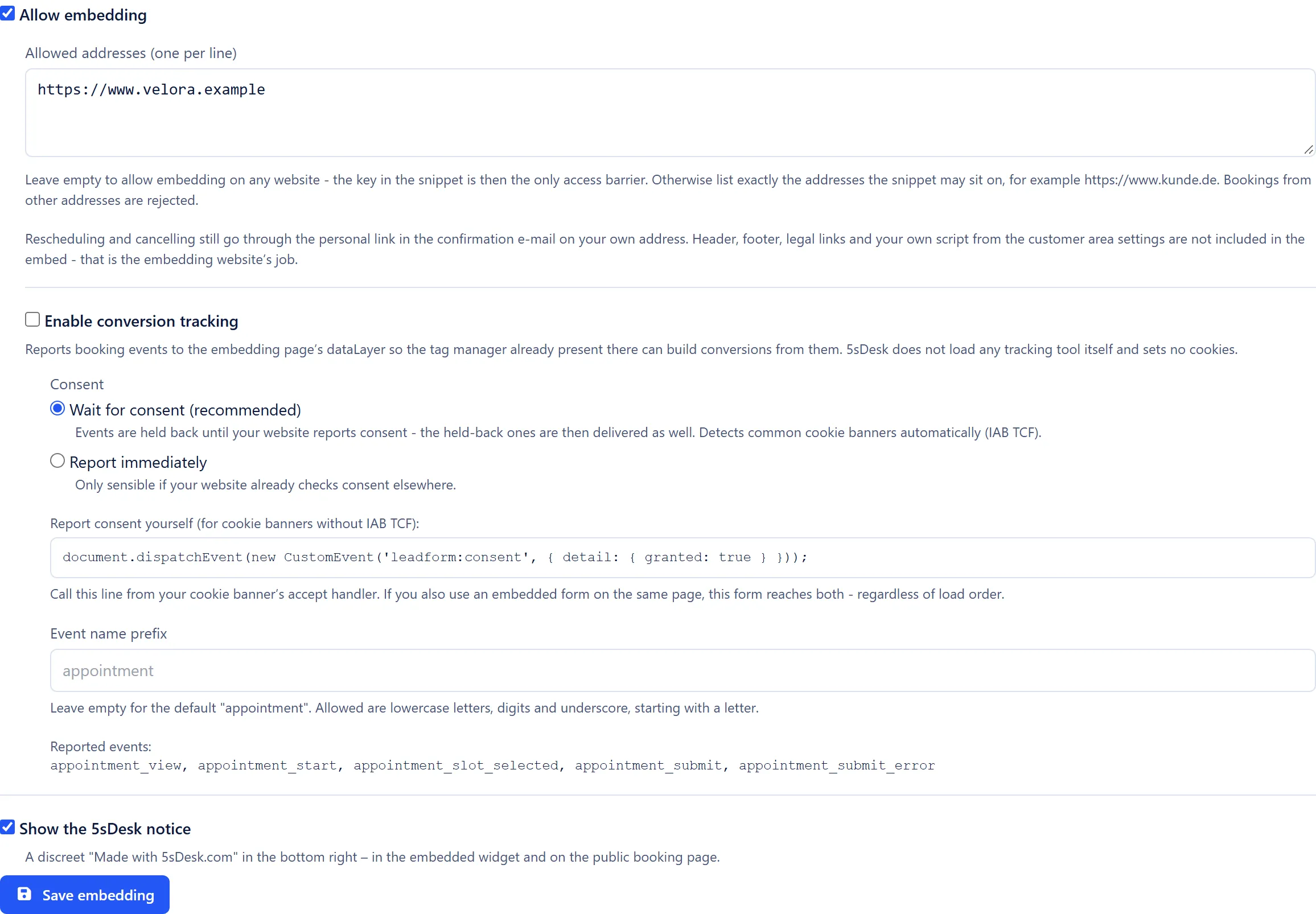 Embedding settings of an appointment type with allowed addresses, conversion tracking and the 5sDesk notice
