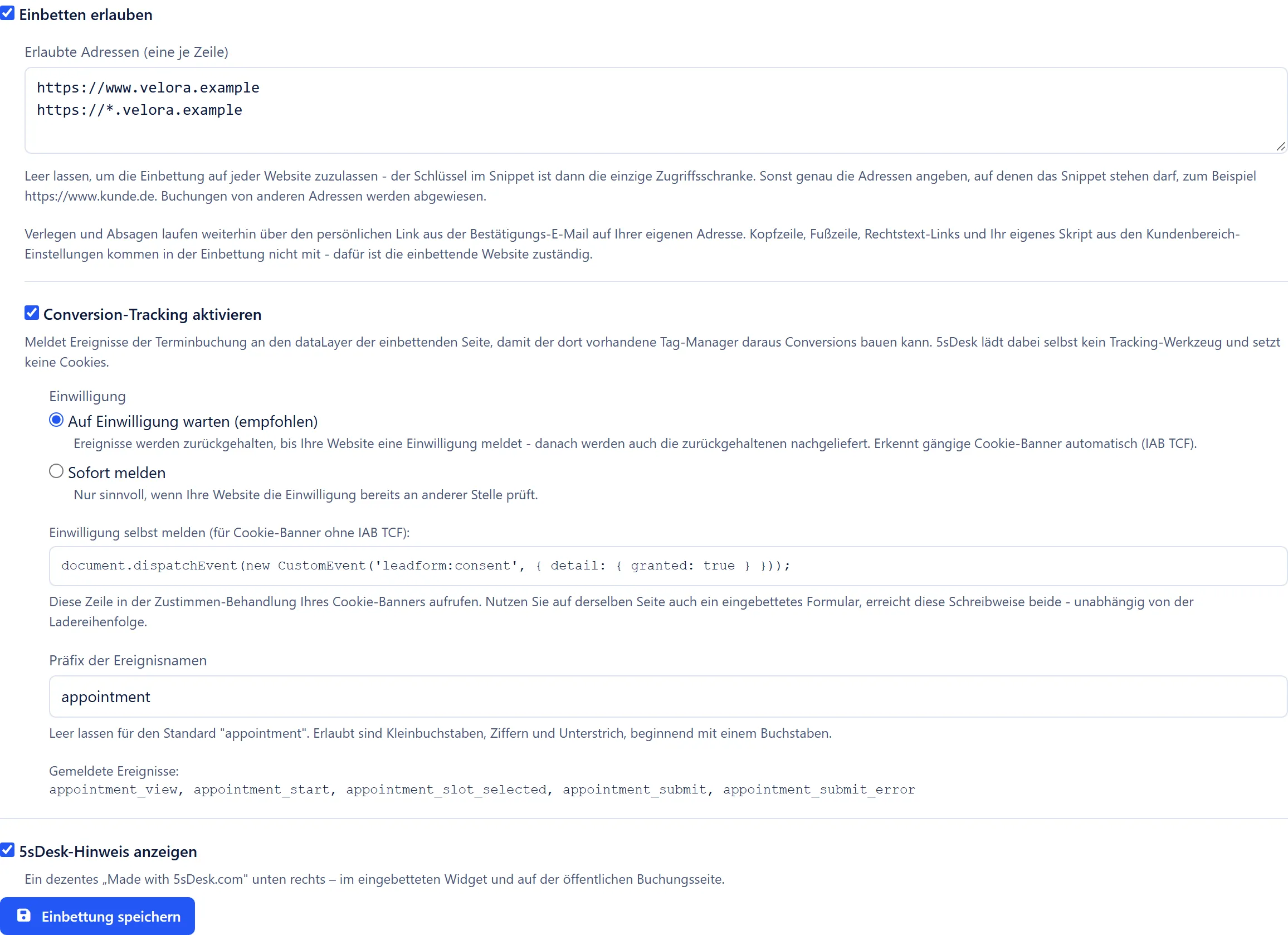 Abschnitt “Auf Ihrer Website einbetten” mit Snippet, “Snippet kopieren” und “Schlüssel erneuern”