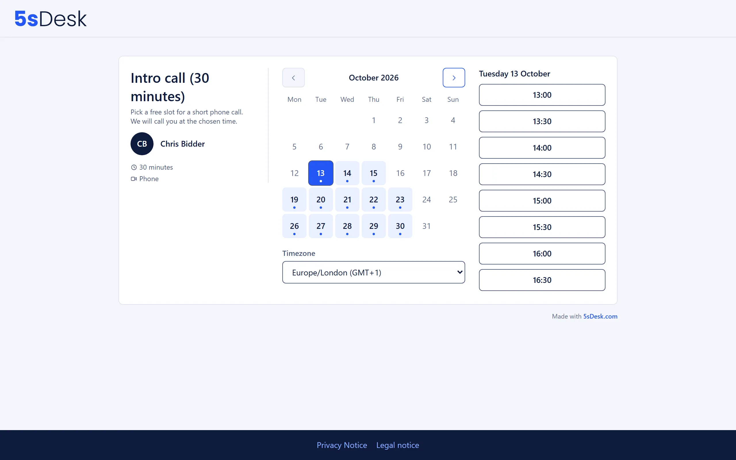 Public booking page with a monthly calendar, available times and the timezone selector