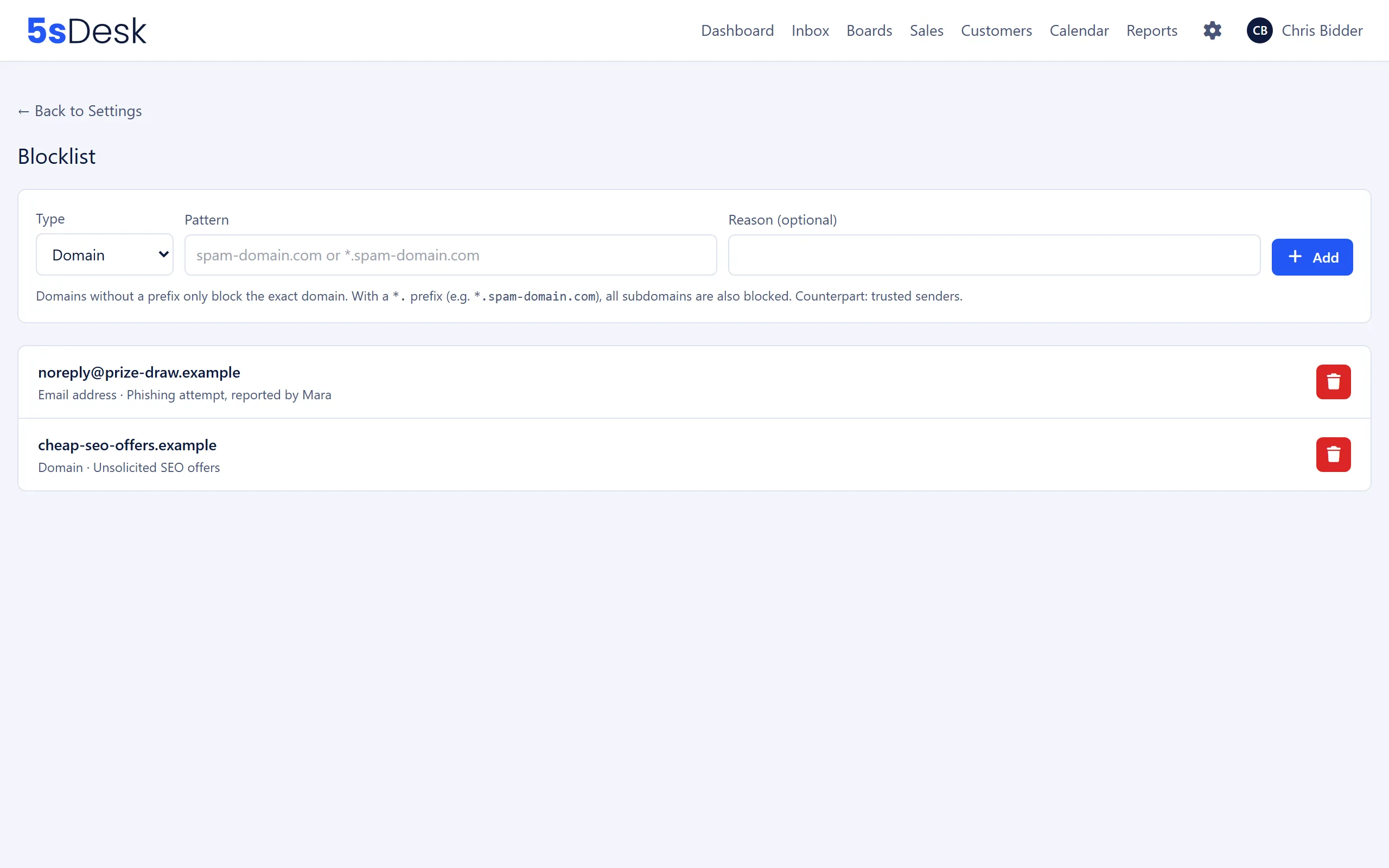 The blocklist with the add form and existing entries