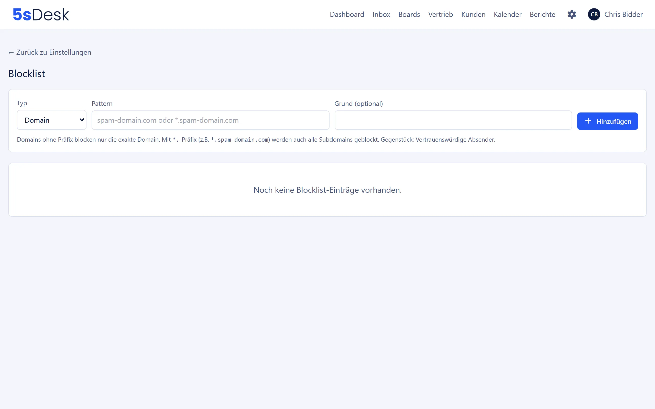 Blocklist mit Formular und Einträgen
