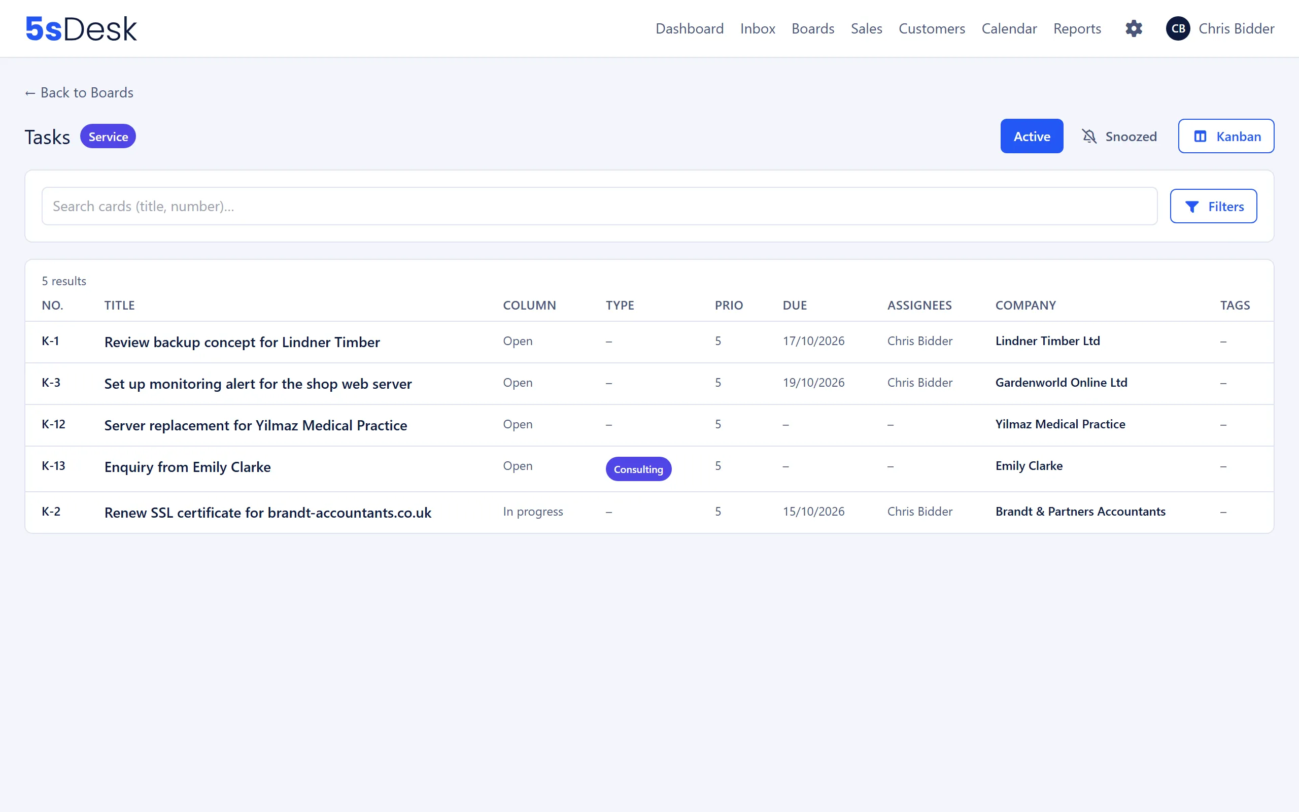 Board list view with columns for stage, type, due date, assignees and company