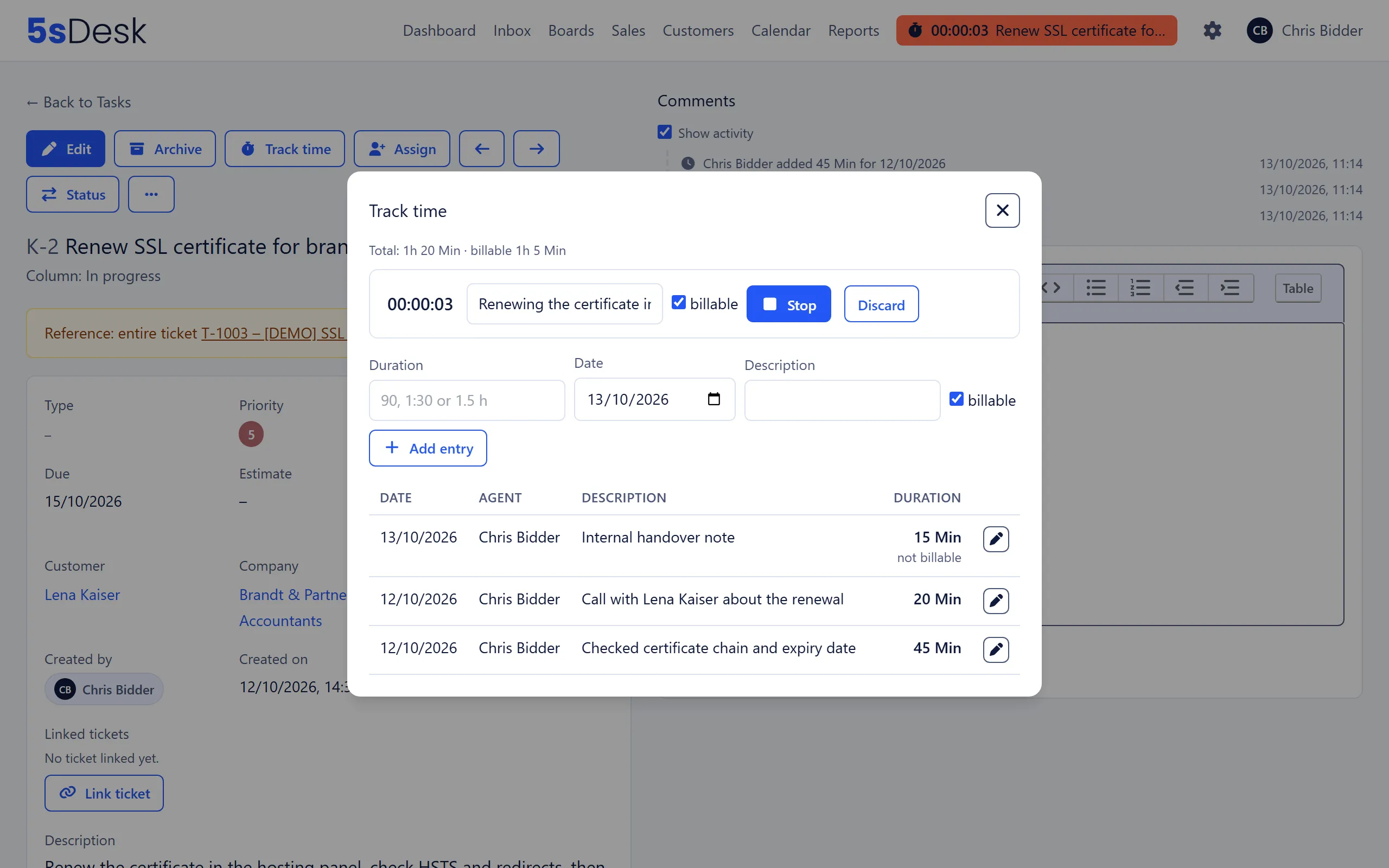 Time panel on a card with a running timer, logged entries and the “billable” checkbox