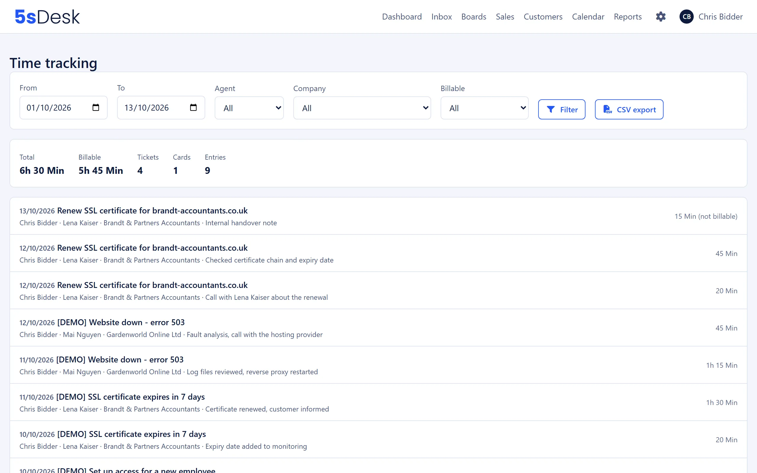 Time report with the filter bar and the “CSV export” button