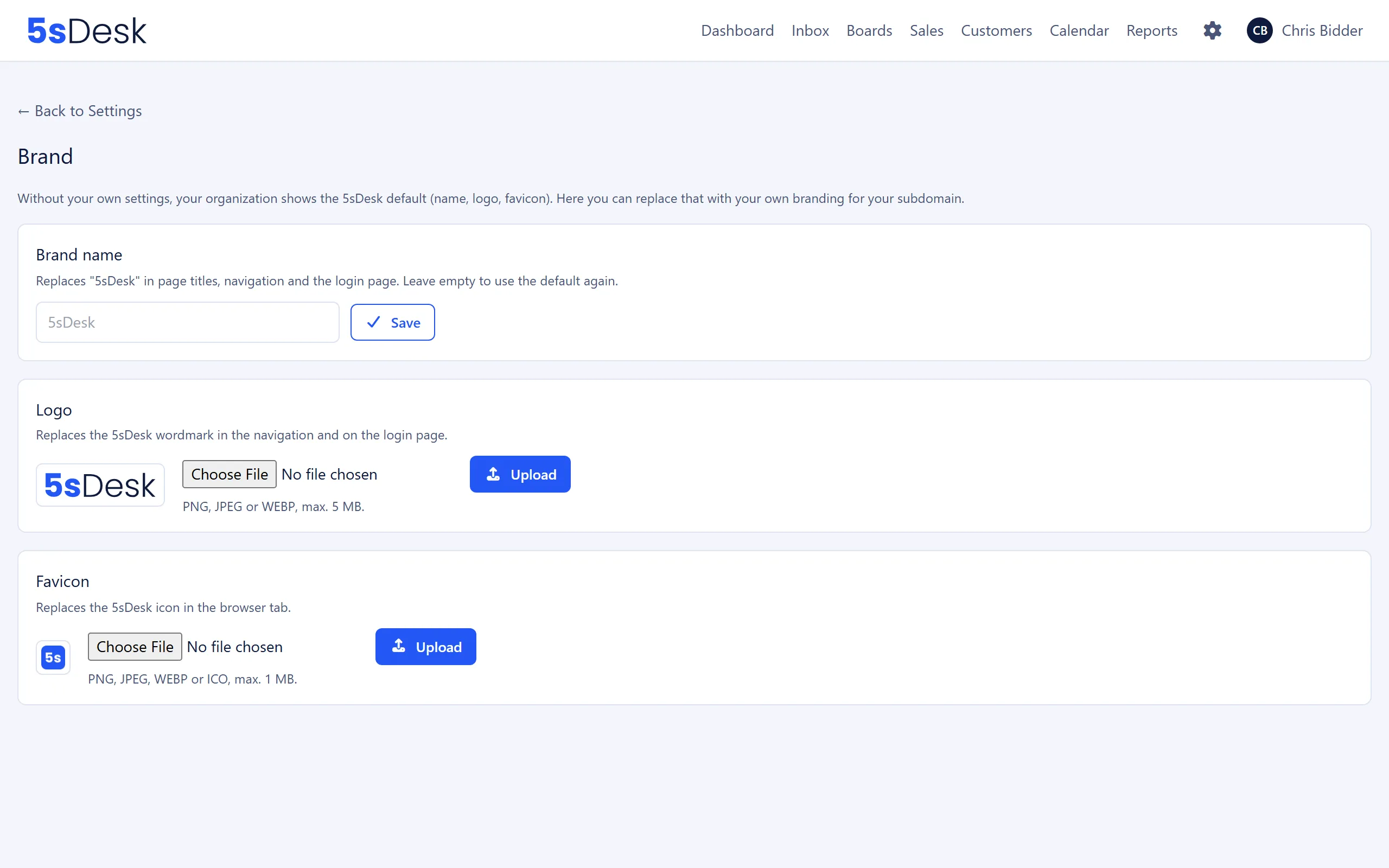 The Brand name, Logo and Favicon cards with previews and upload fields