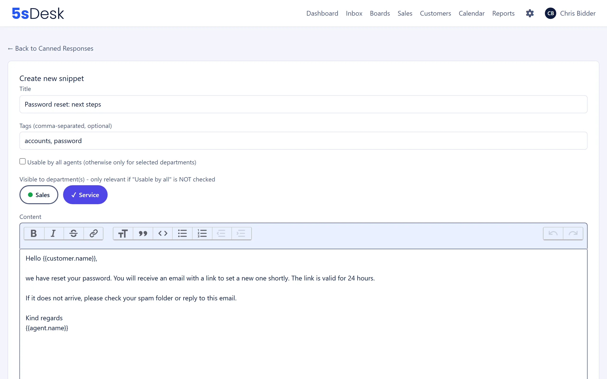 The “Create new snippet” form with title, tags, department visibility and the reply text