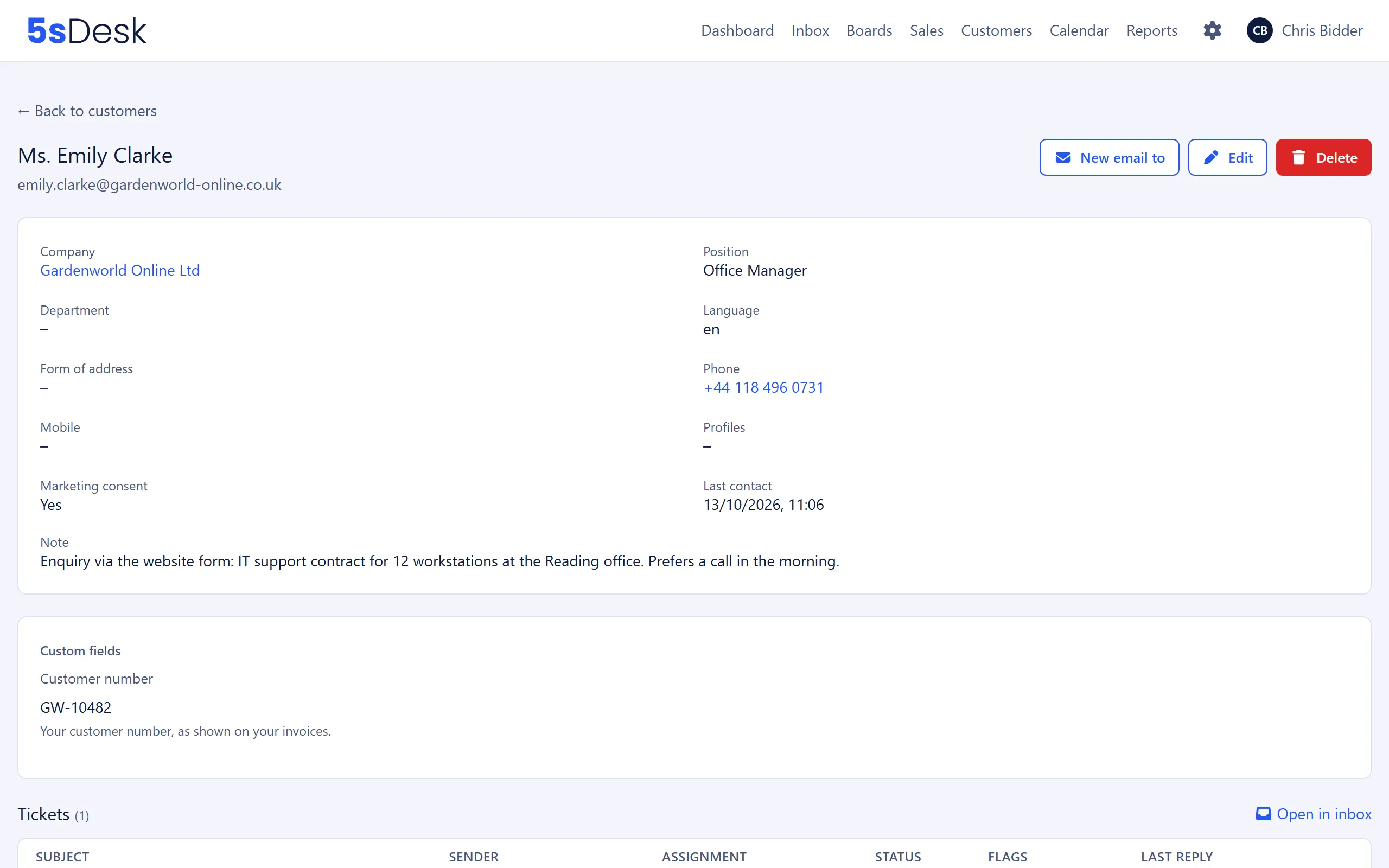 Customer record with core details, company and marketing consent