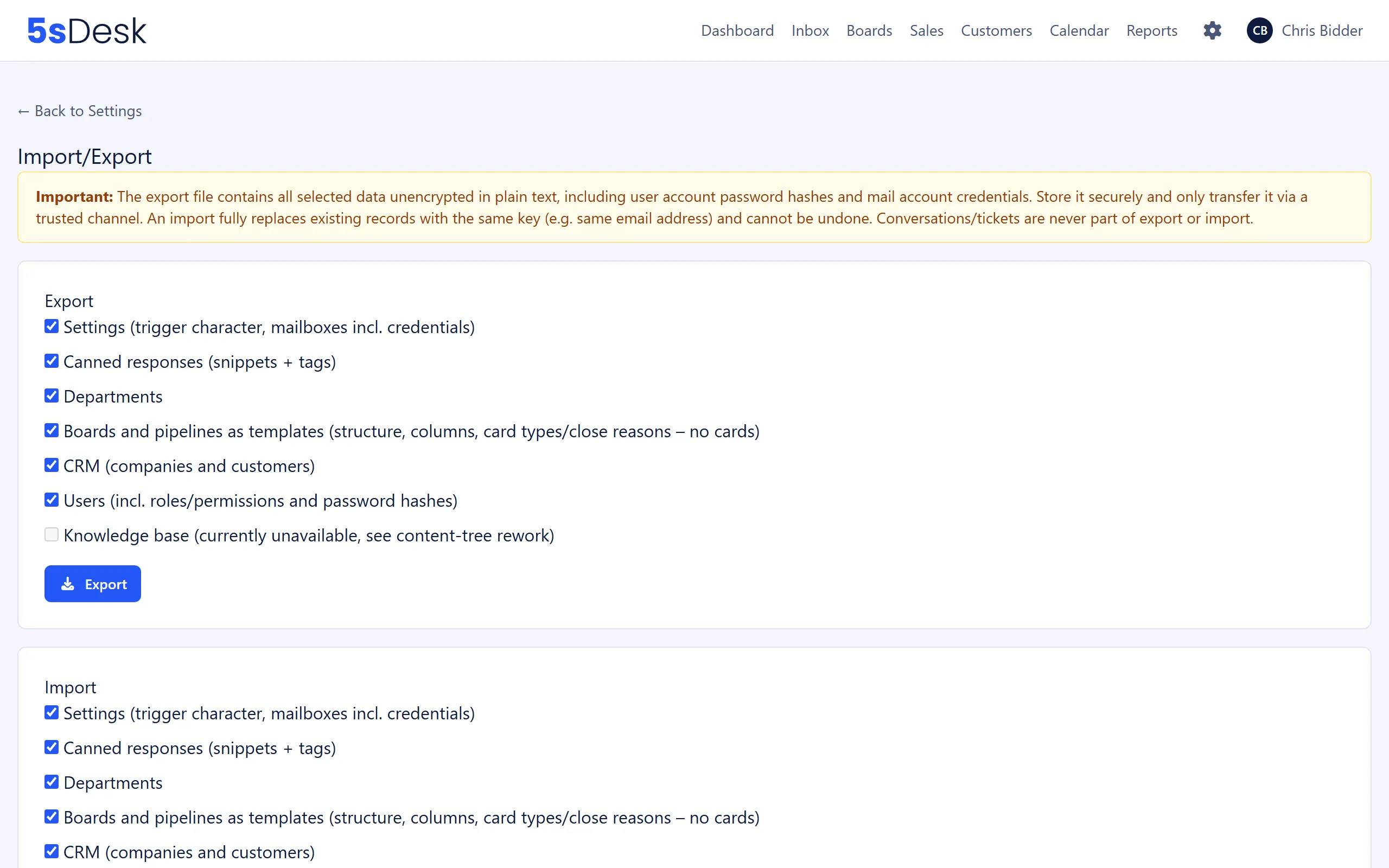 Import/Export page with categories and file selection