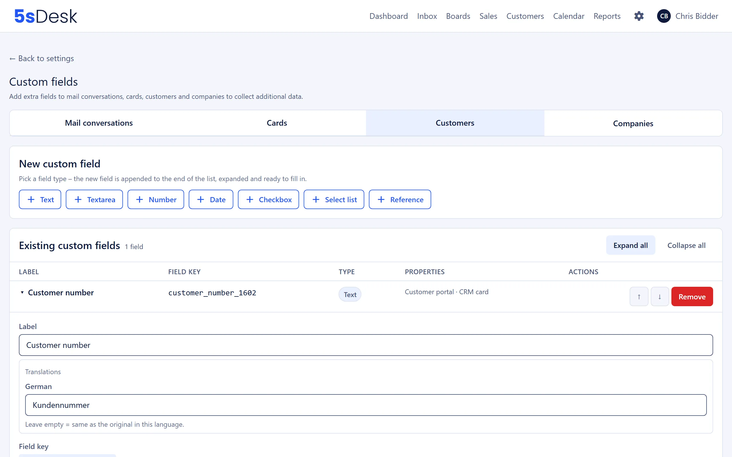 Custom field enabled for the customer portal