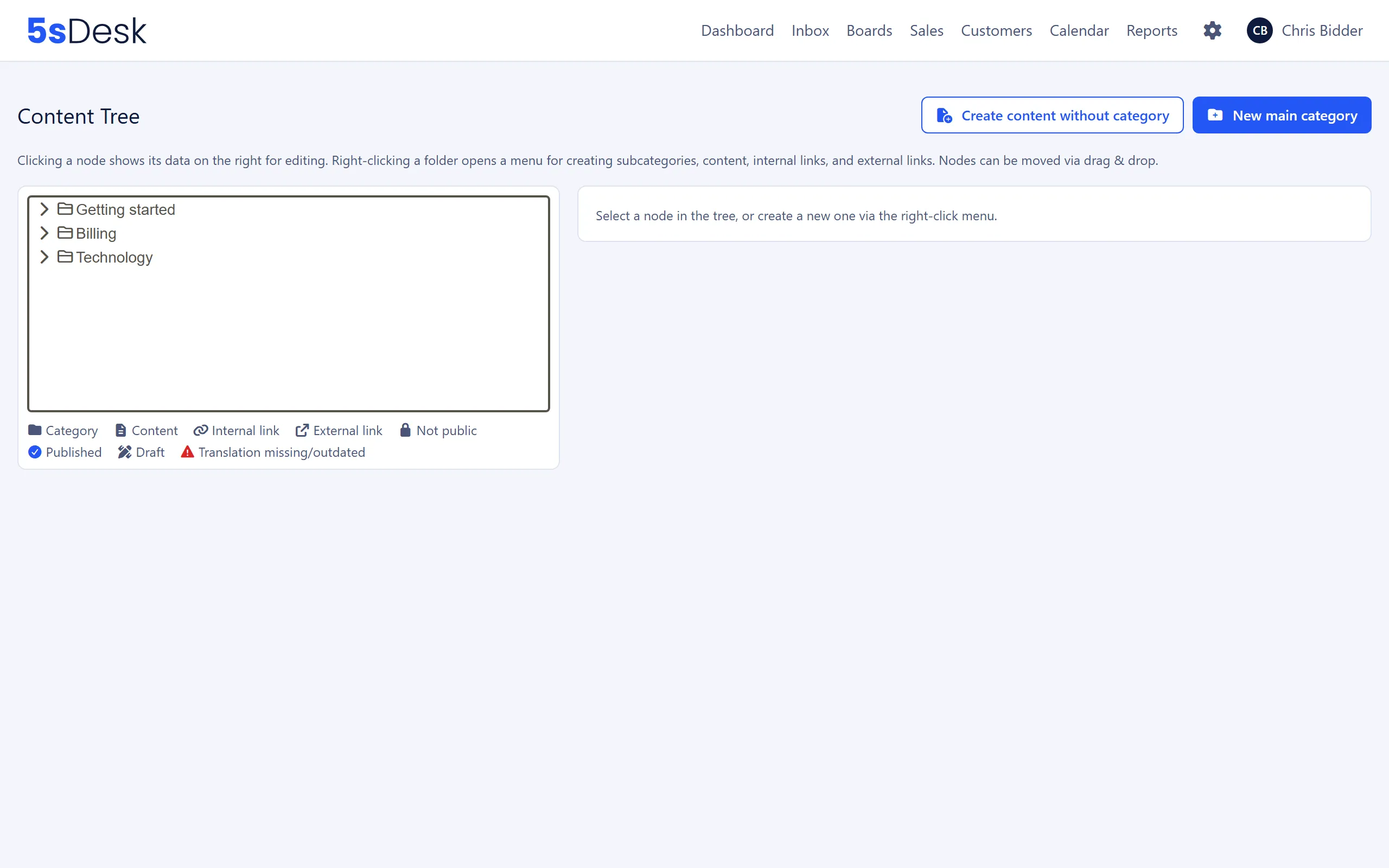 Content tree with three main categories, the legend and the buttons for new content
