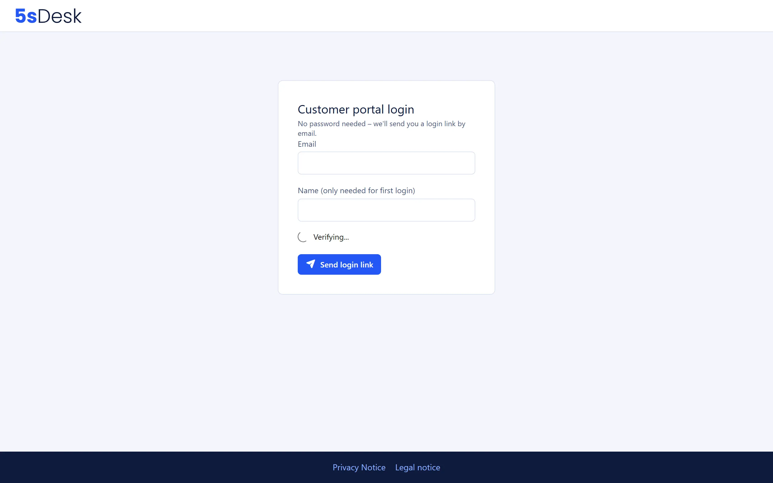 Login page “Customer portal login” with the Email and Name fields