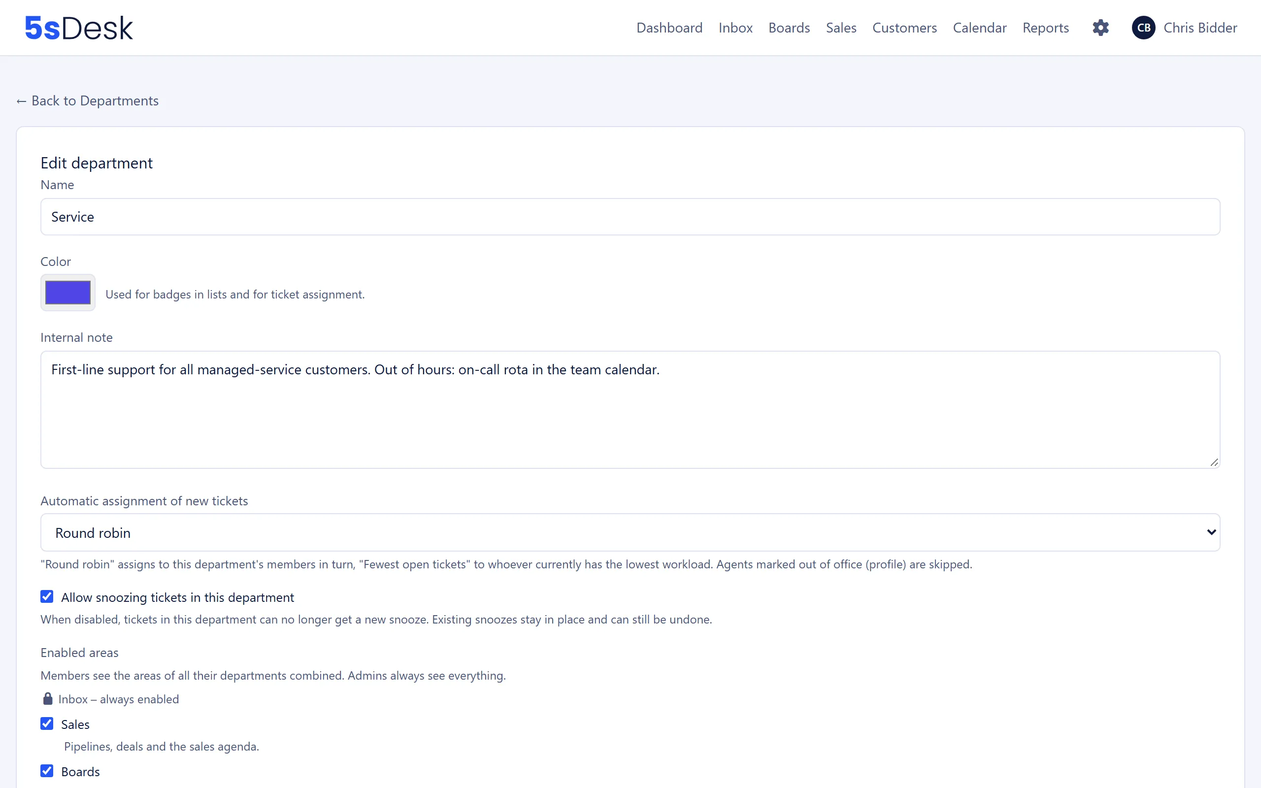 The Edit department form with automatic assignment and enabled areas
