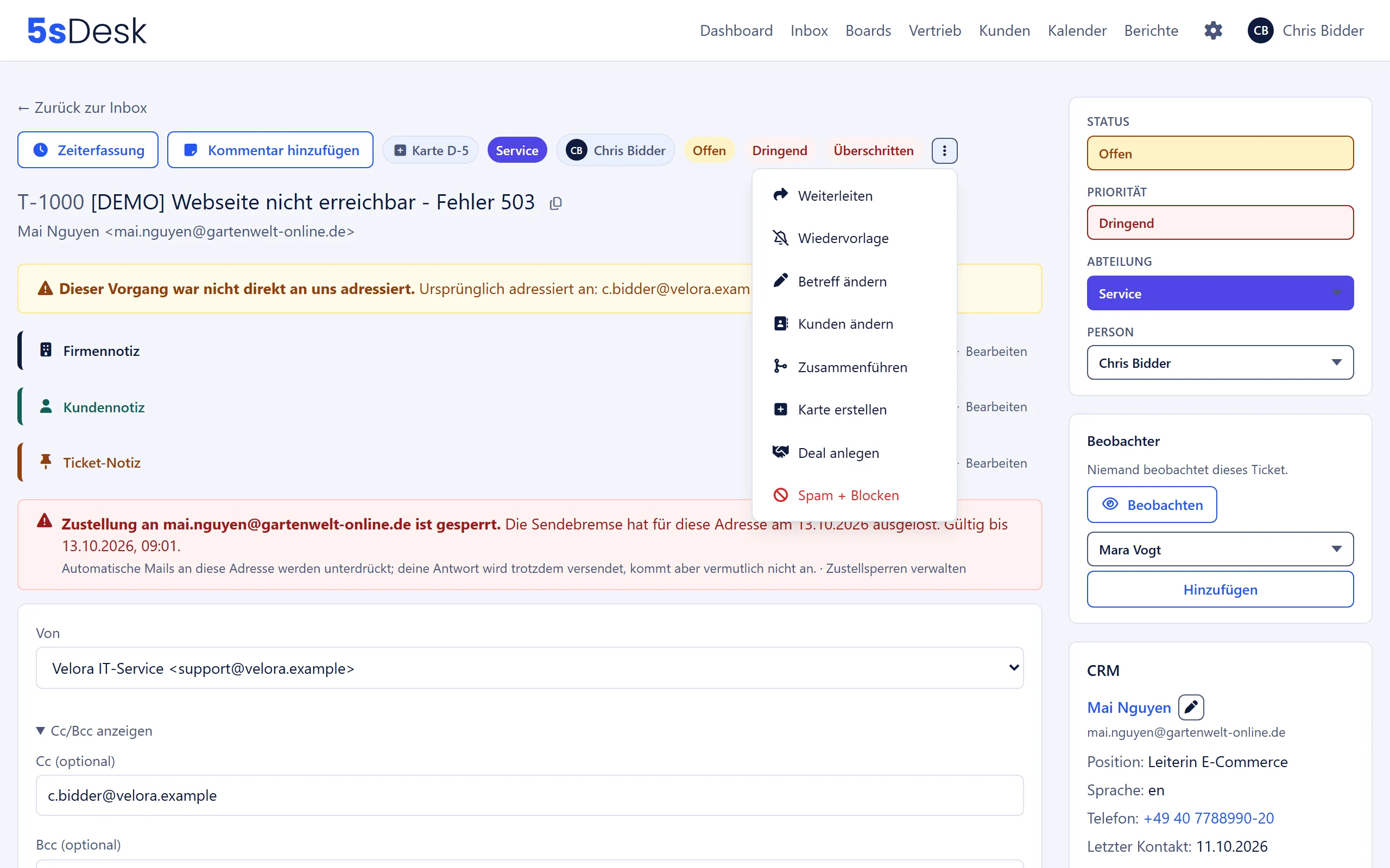 Ticket mit dem Button zum Blockieren des Absenders