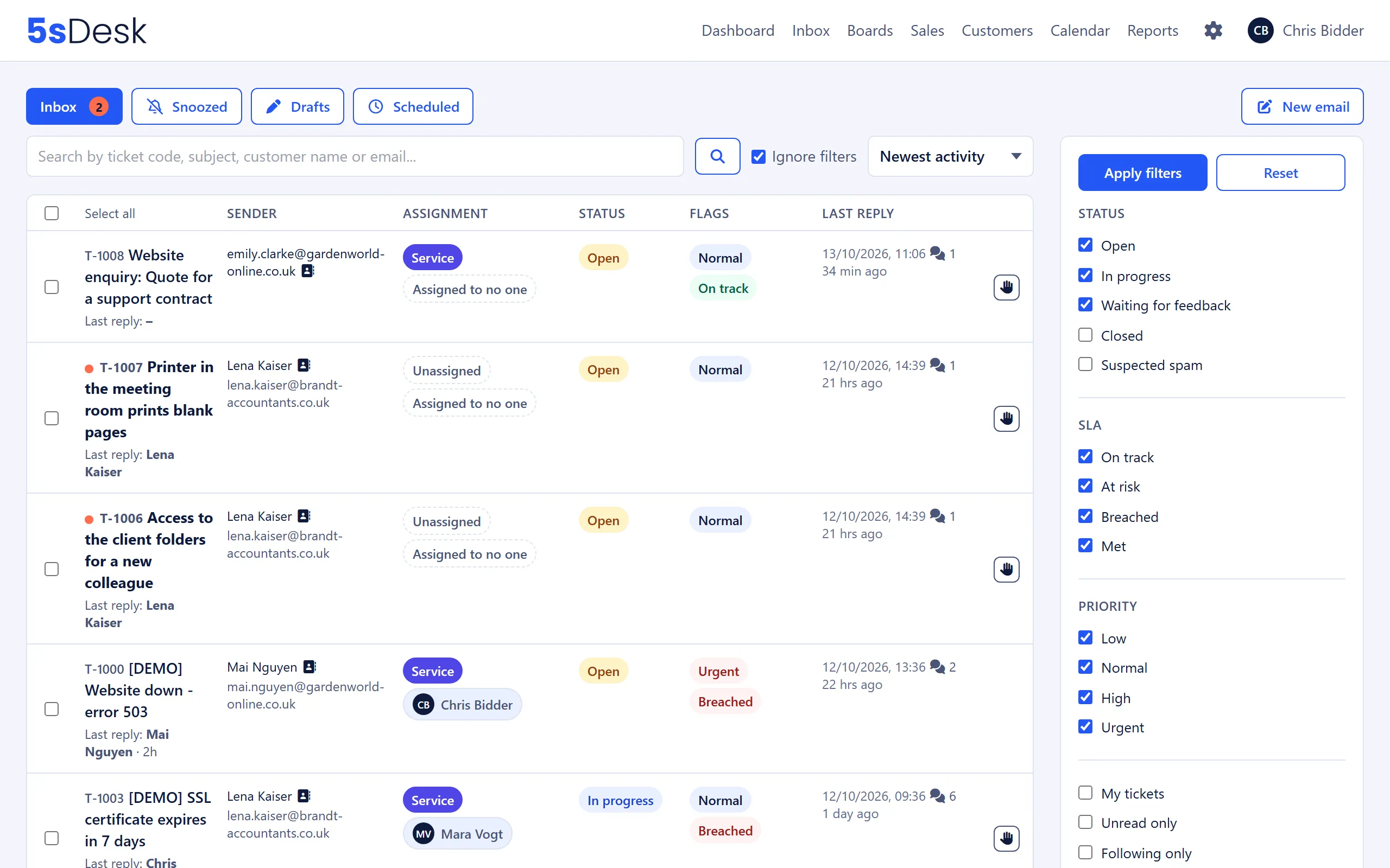 The 5sDesk inbox with the ticket list and its tabs