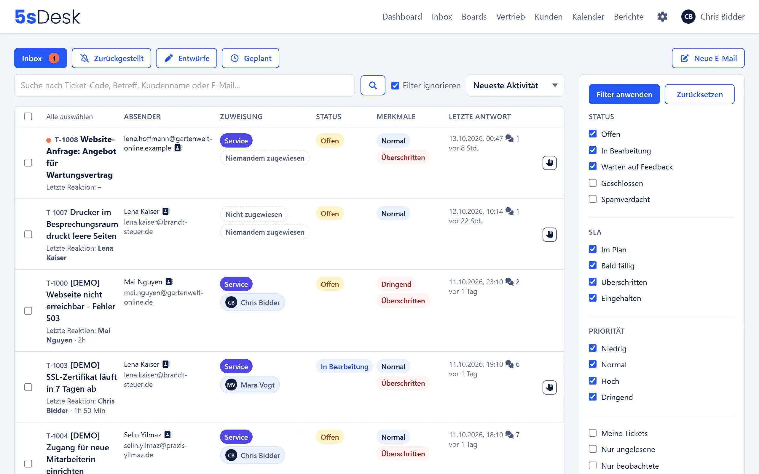 Inbox mit Ticketliste und Reitern