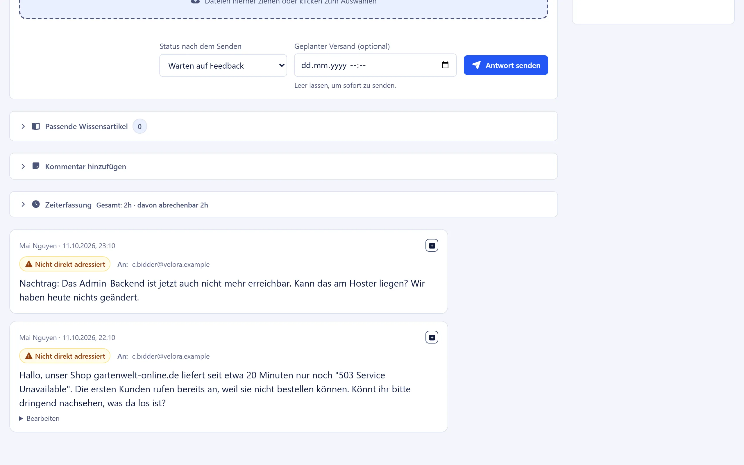 Antwort-Editor mit dem Feld für den geplanten Versand