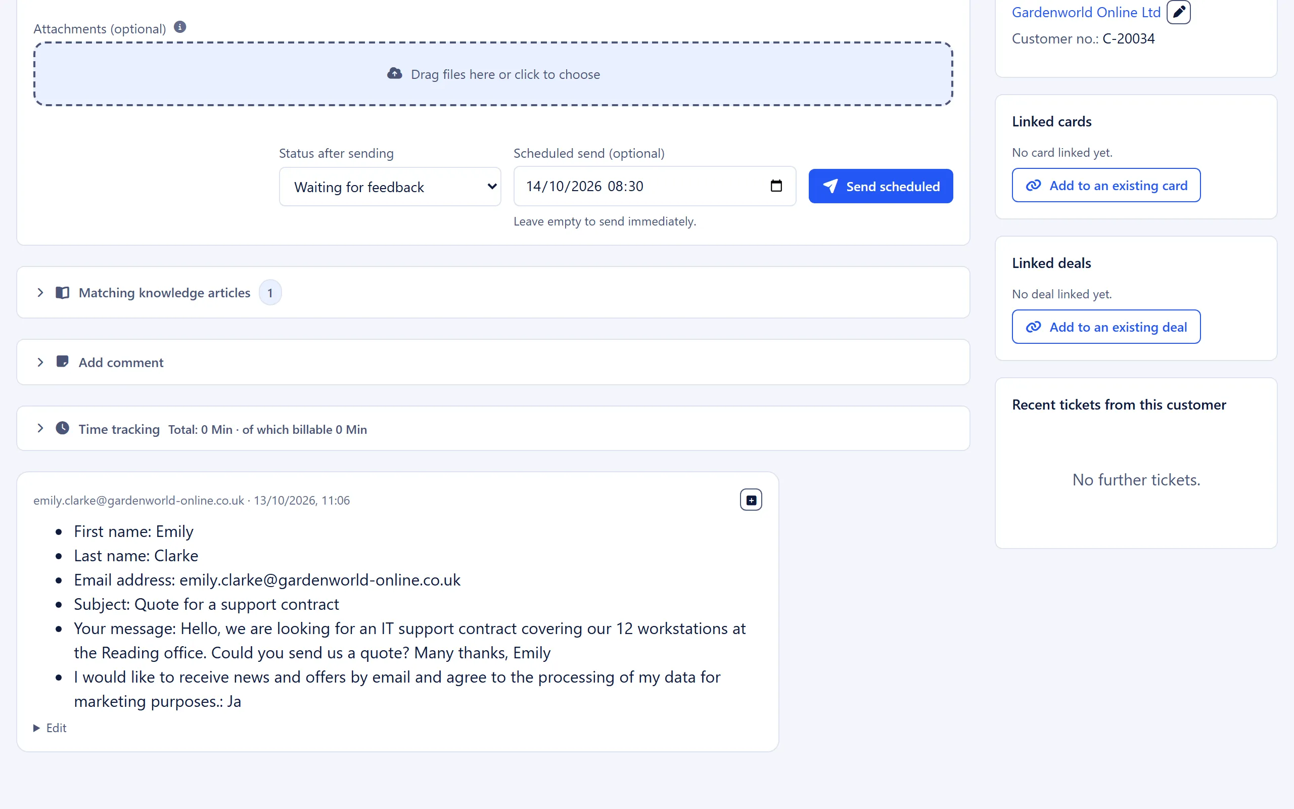 The reply editor with the field for scheduled sending