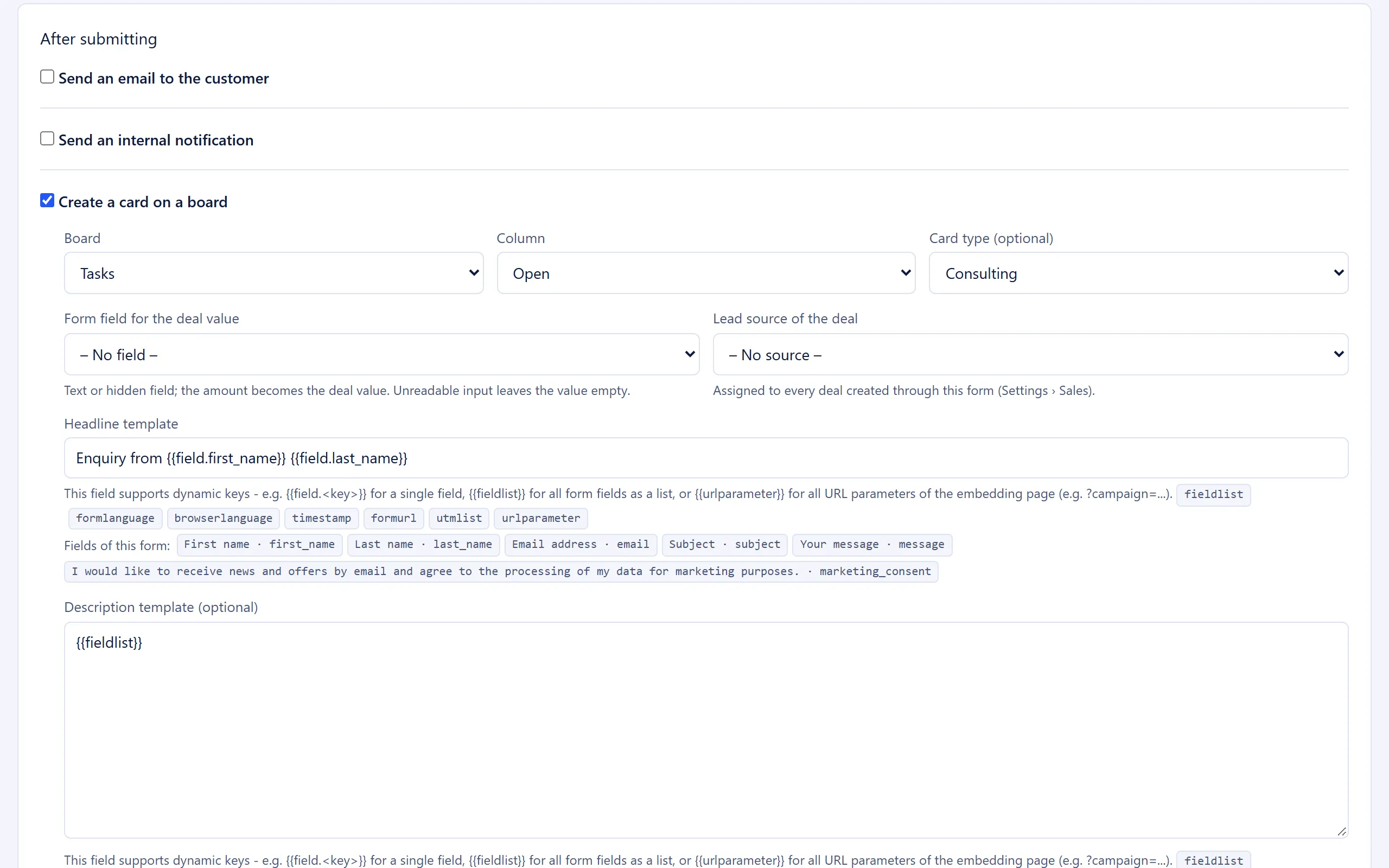The “After submitting” section with the five destinations