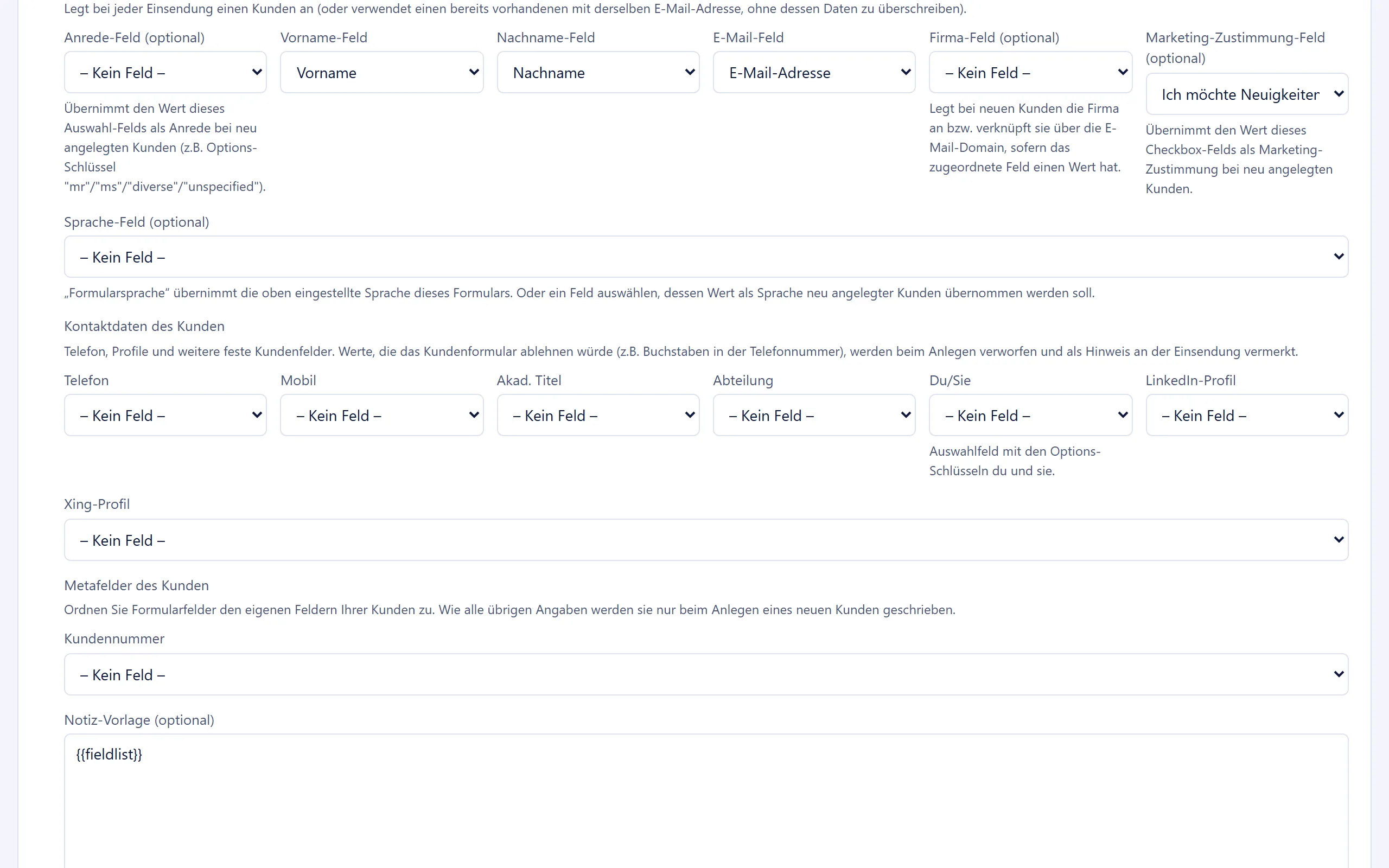 Block “Kunde im CRM anlegen” mit Vorname-, Nachname-, E-Mail-Feld und Metafeld-Zuordnung