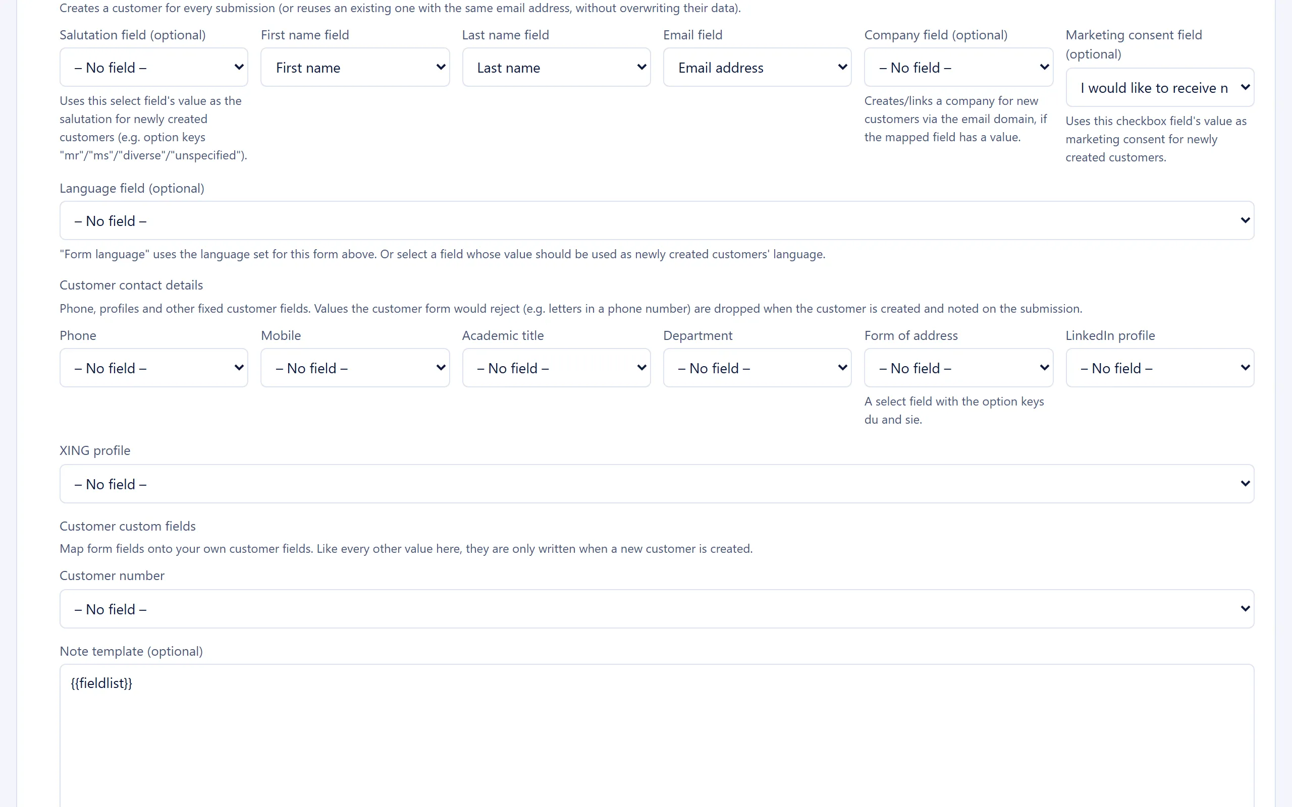 The “Create a CRM customer” block with first name, last name and email field mappings and the custom field mapping
