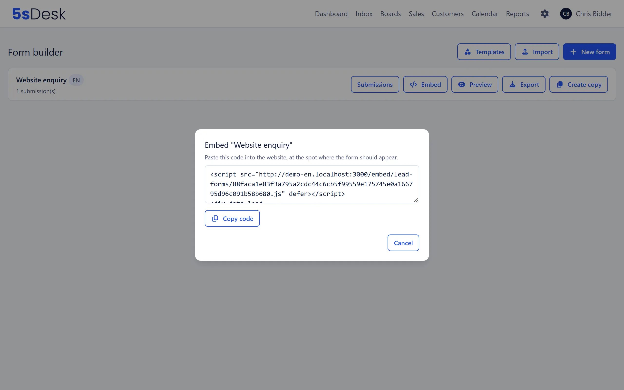 The “Embed …” dialog with the two-line snippet and the “Copy code” button