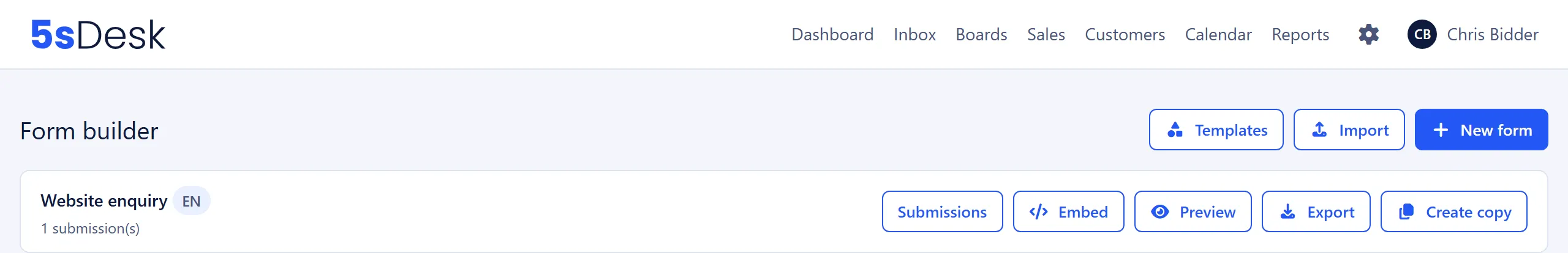 Form builder list with a published form and the actions available on each row