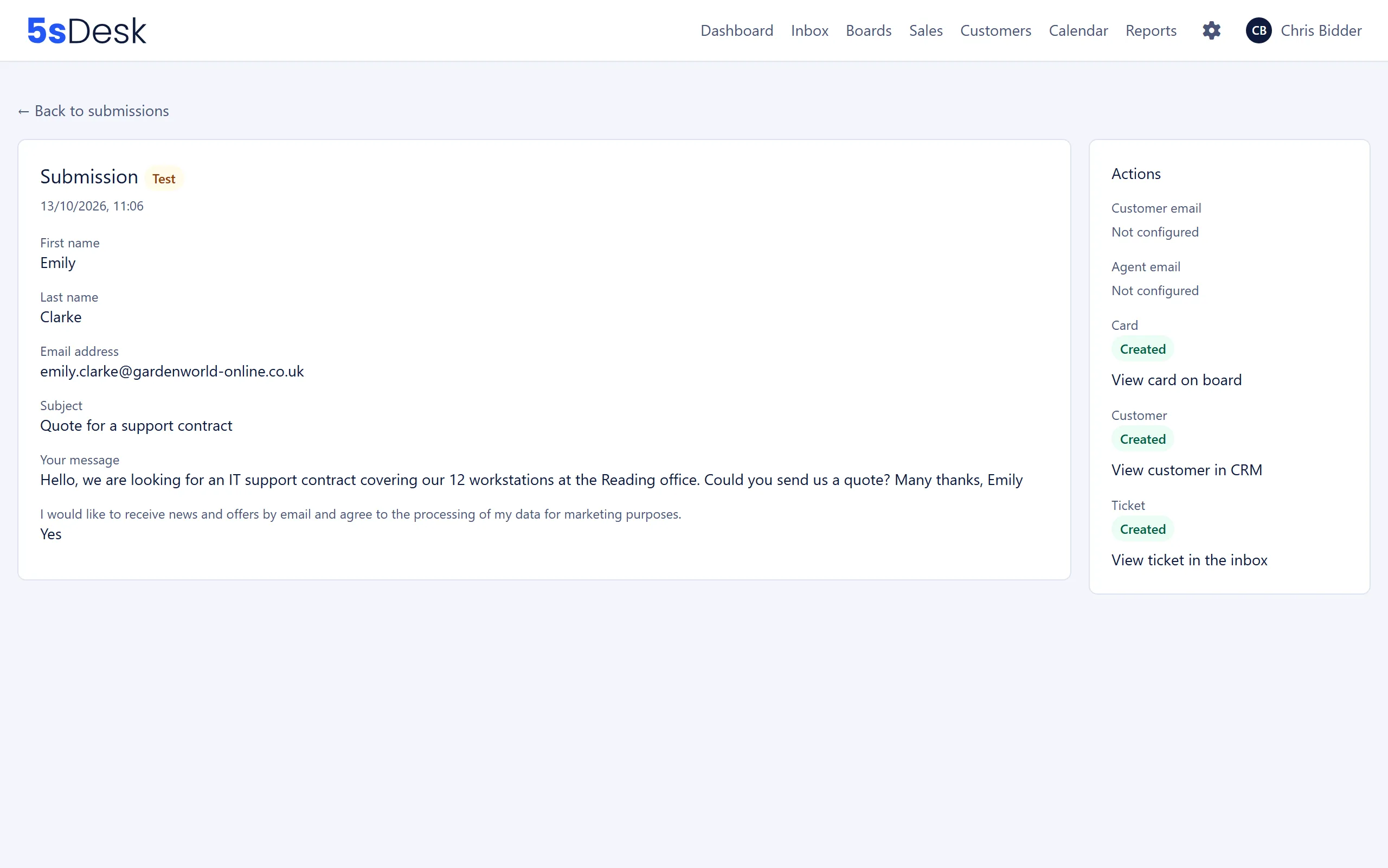 The “Submission” detail page with field values and the “Actions” box