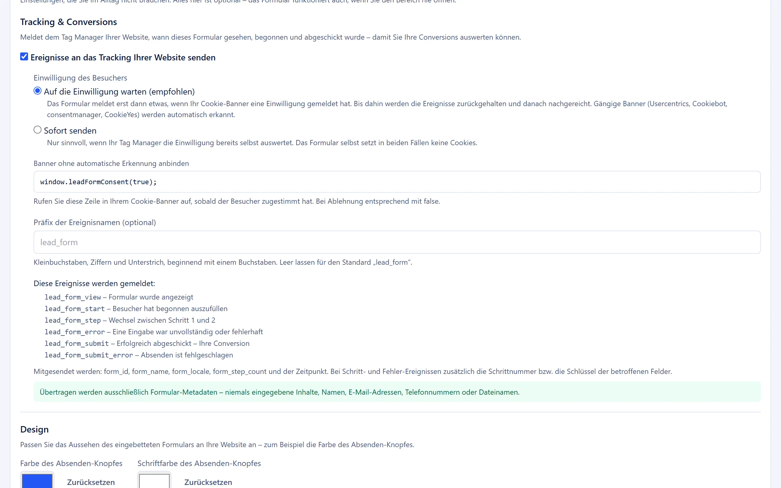 Profi-Einstellungen “Tracking & Conversions” mit Einwilligungsmodus und Ereignisliste