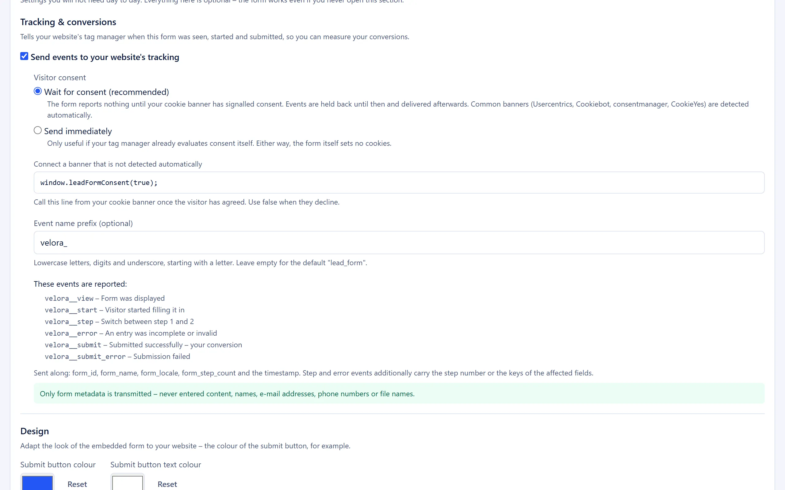 Advanced settings “Tracking & conversions” with the consent mode and the list of events