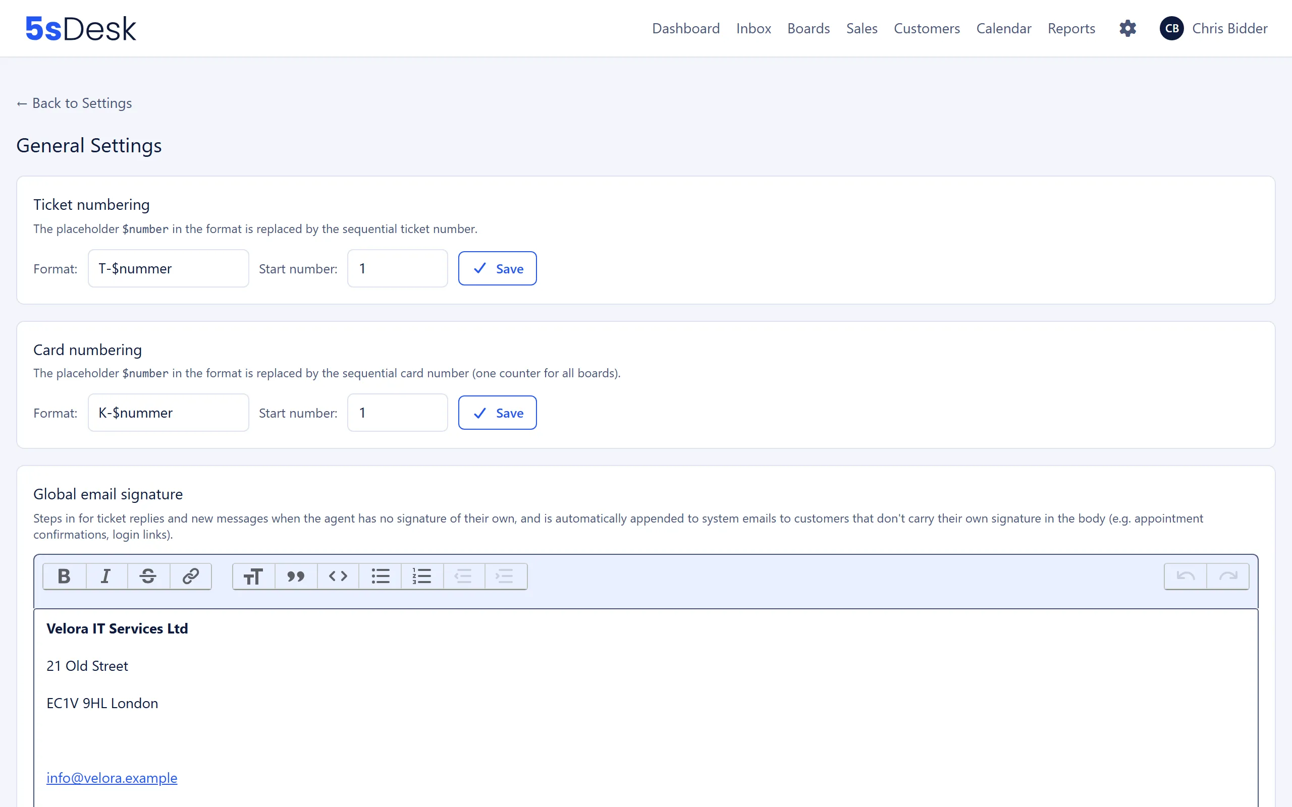 The Ticket numbering and Card numbering blocks with format and start number fields