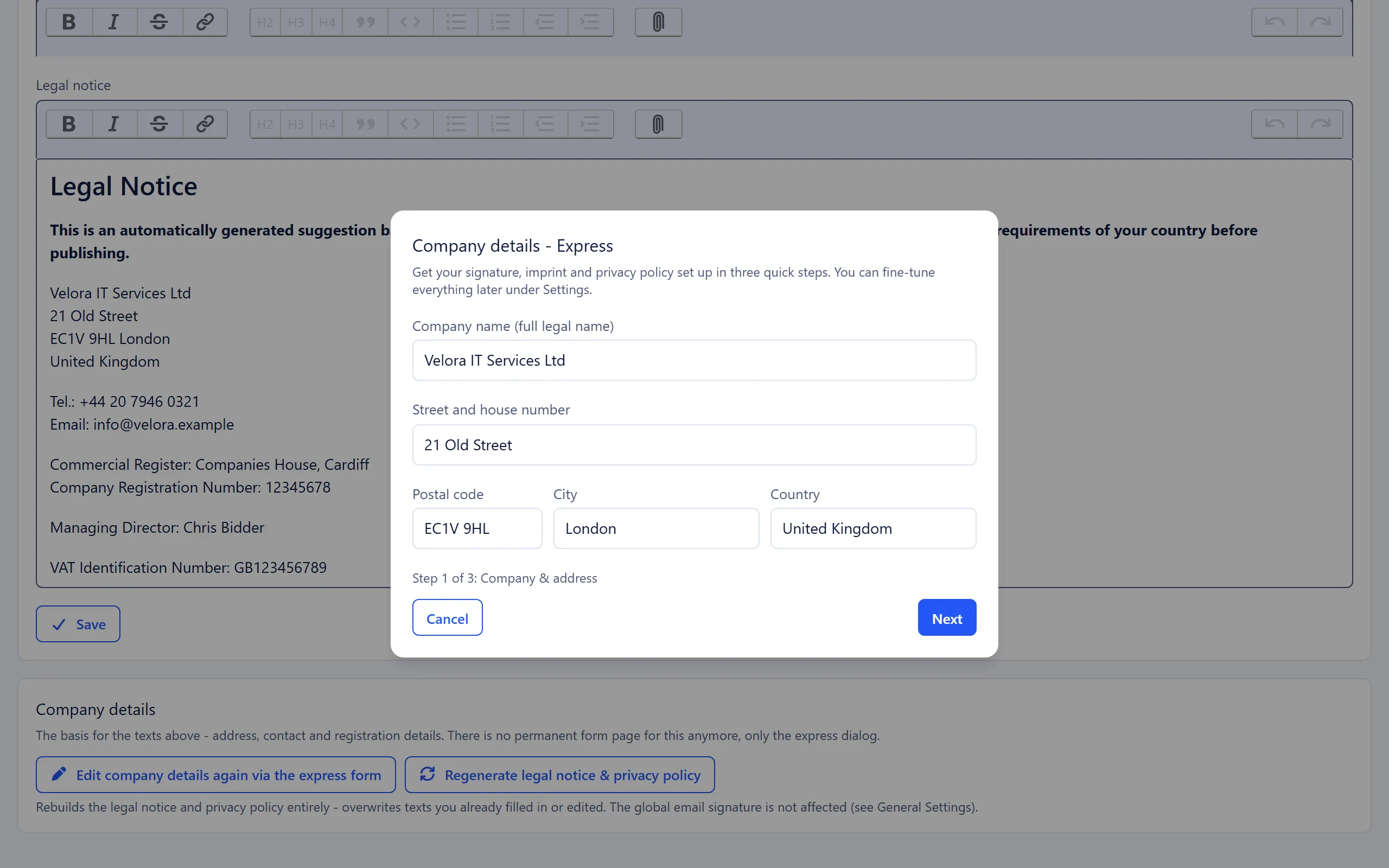 The Company details express dialog at step 1 of 3, with company name and address fields