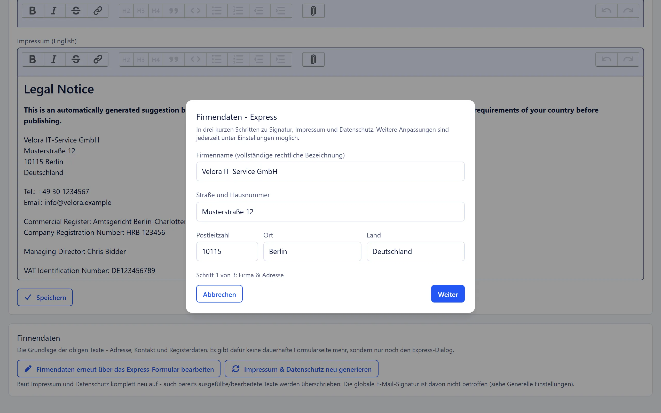 Express-Dialog für die Firmendaten, Schritt 1 von 3 mit Firma und Adresse
