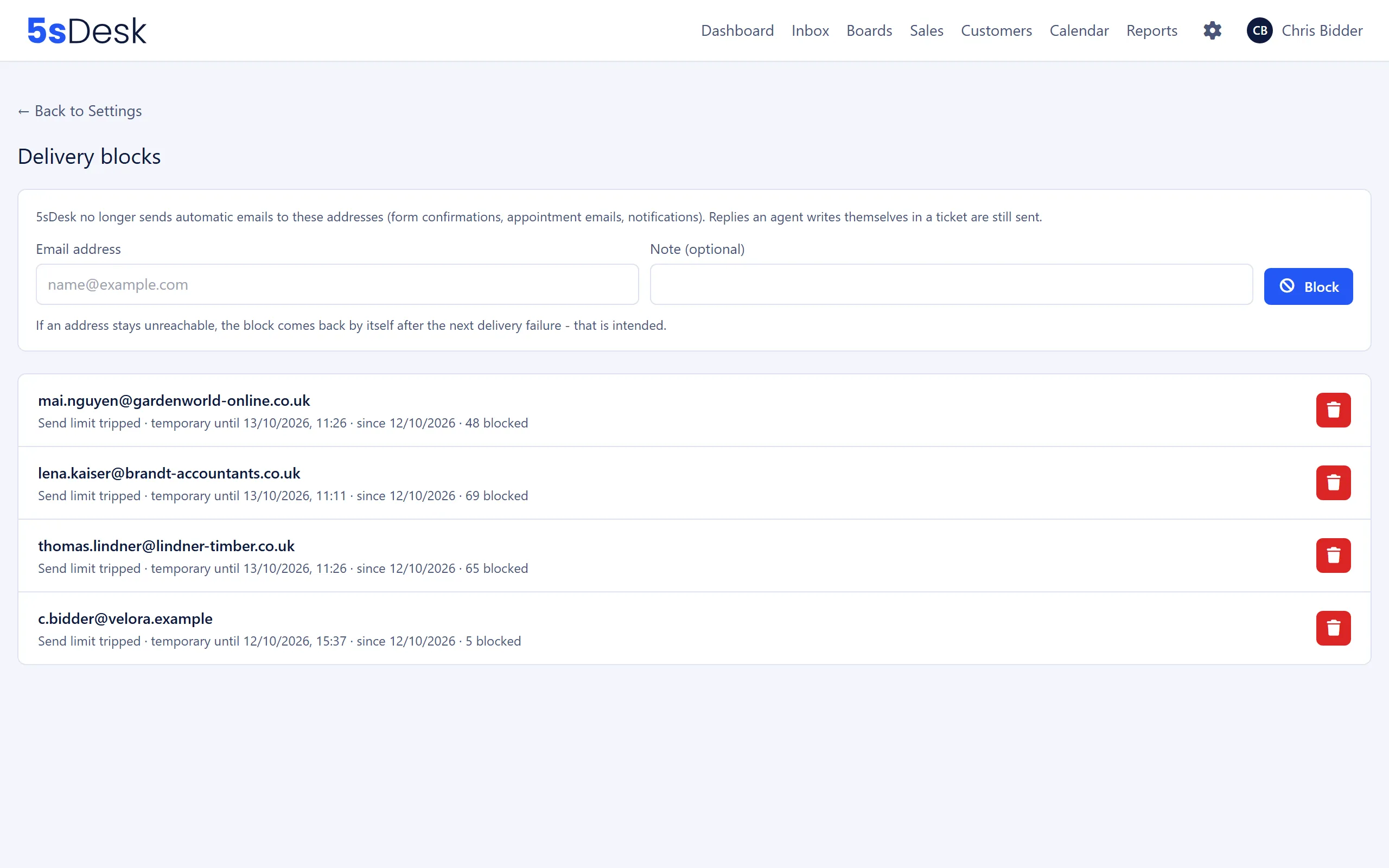 The delivery blocks list with reason and duration for each address