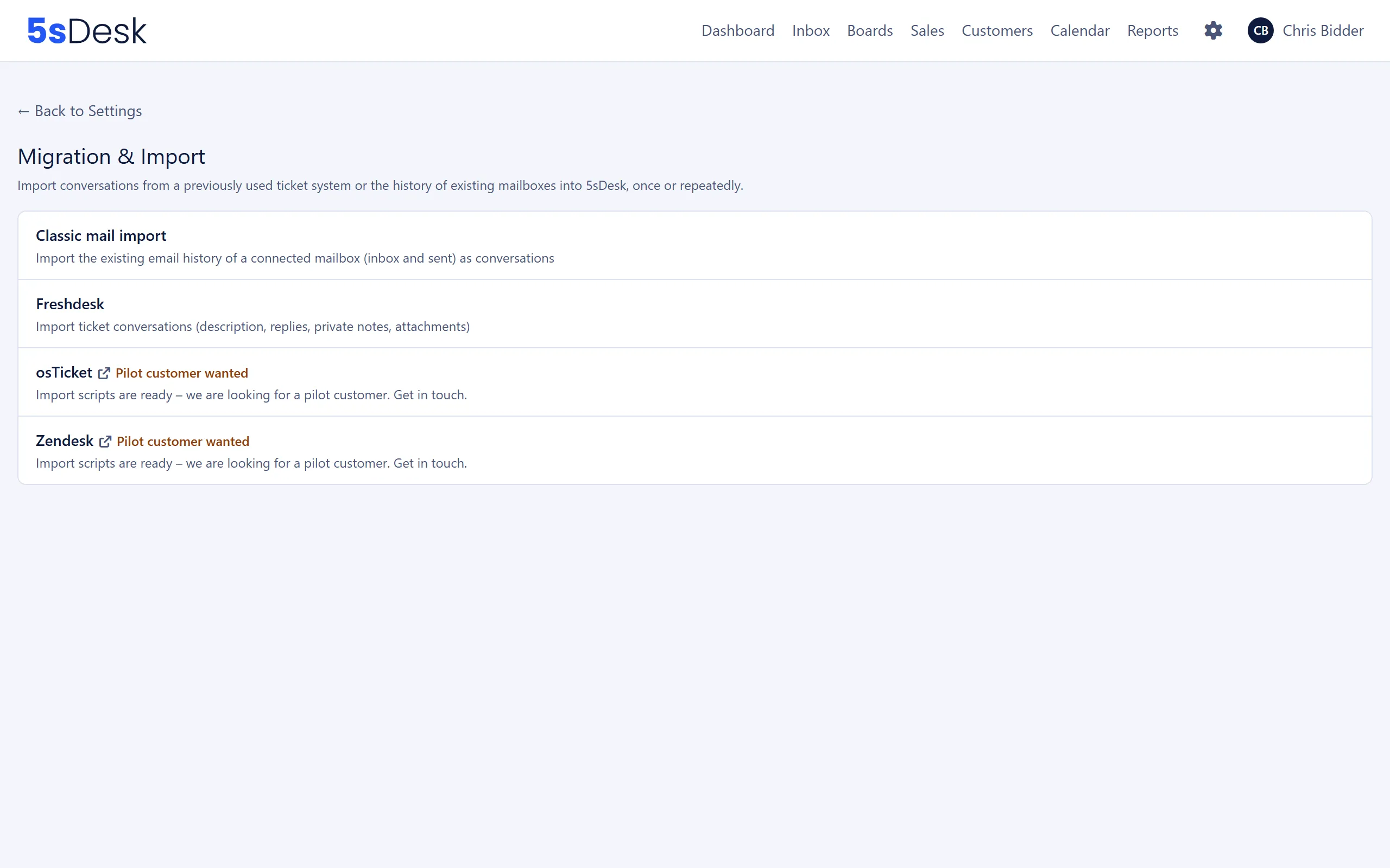 The “Migration & Import” overview with its four entries