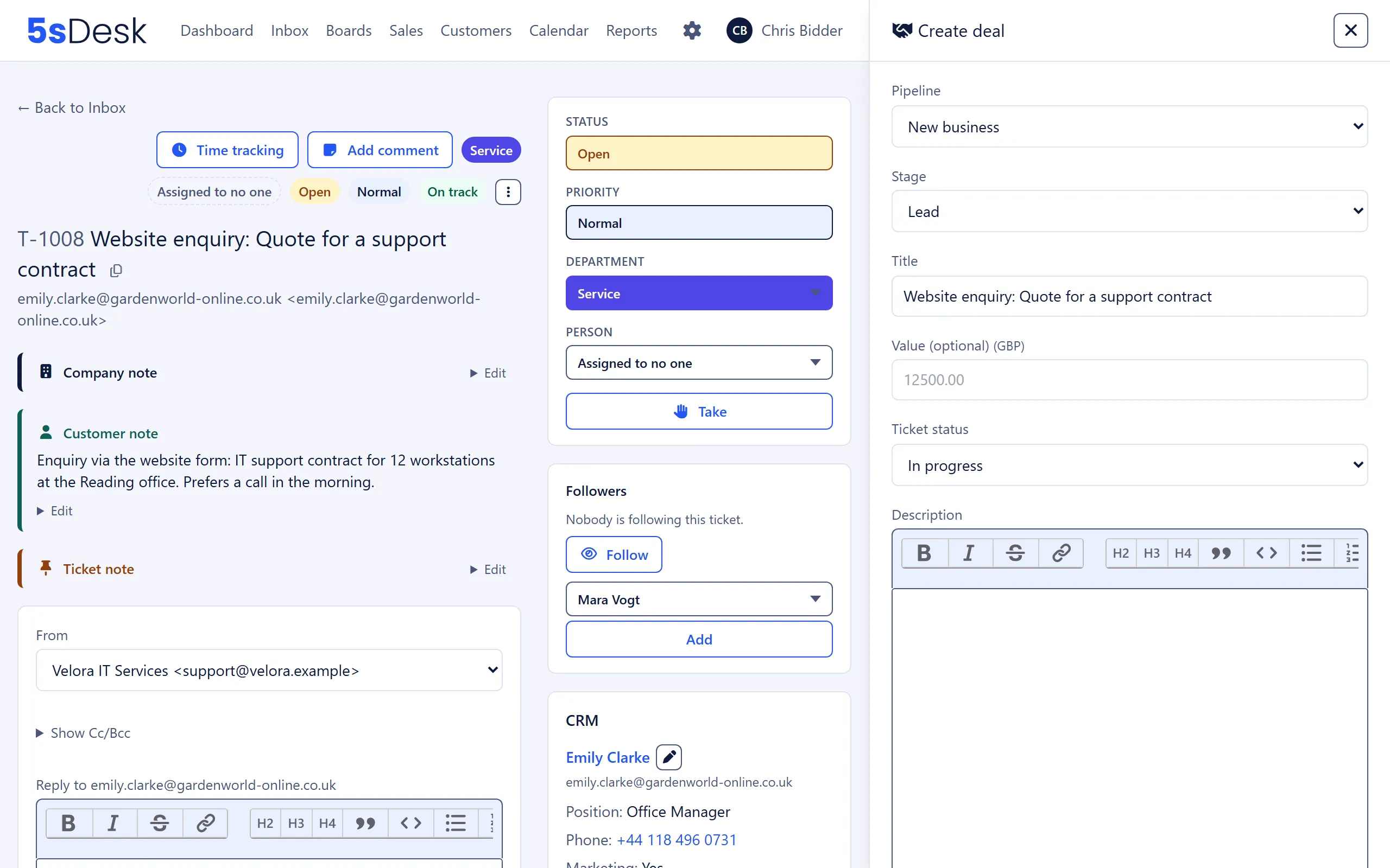 “Create deal” side panel next to an open ticket