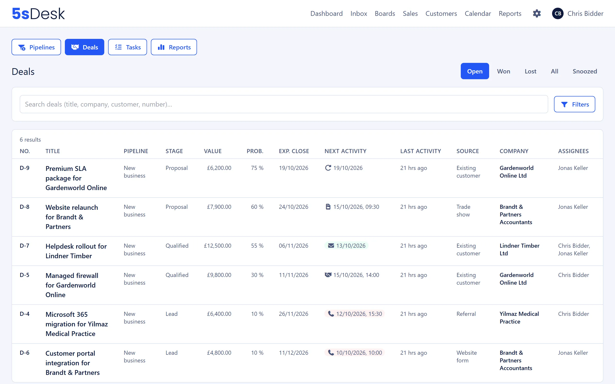 Deal list with tabs, the “Without next activity” badge and the filter builder