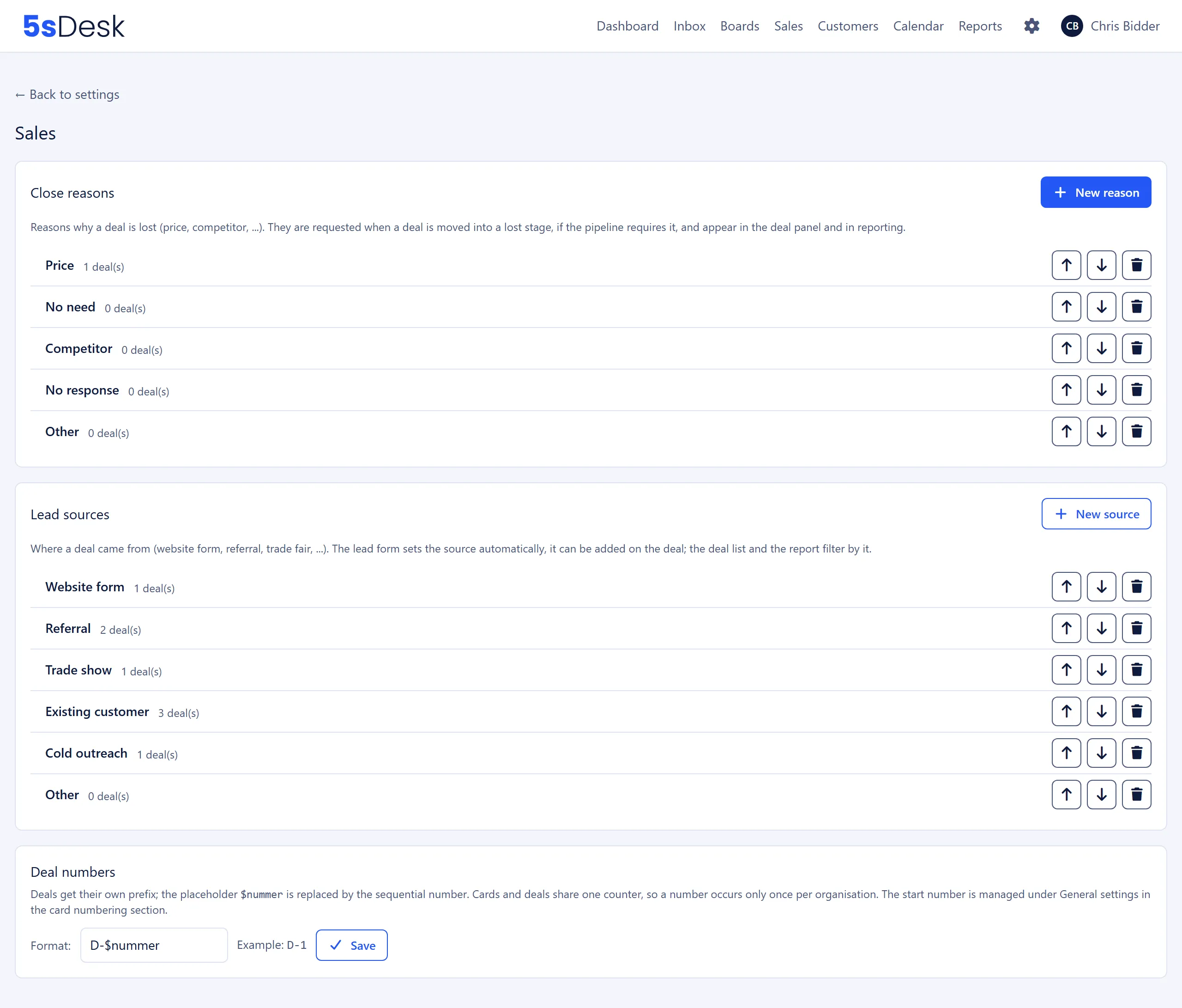 The three sections “Close reasons”, “Lead sources” and “Deal numbers” in the sales settings
