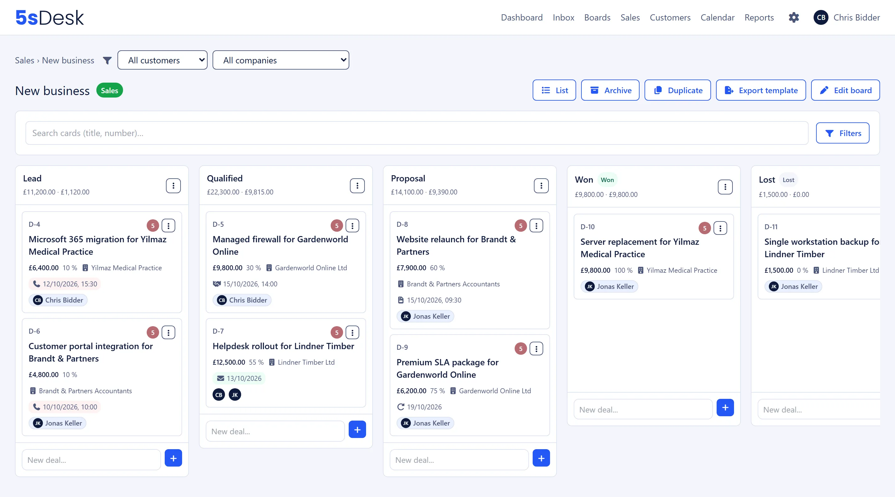 Sales pipeline in Kanban view with column totals and stage badges