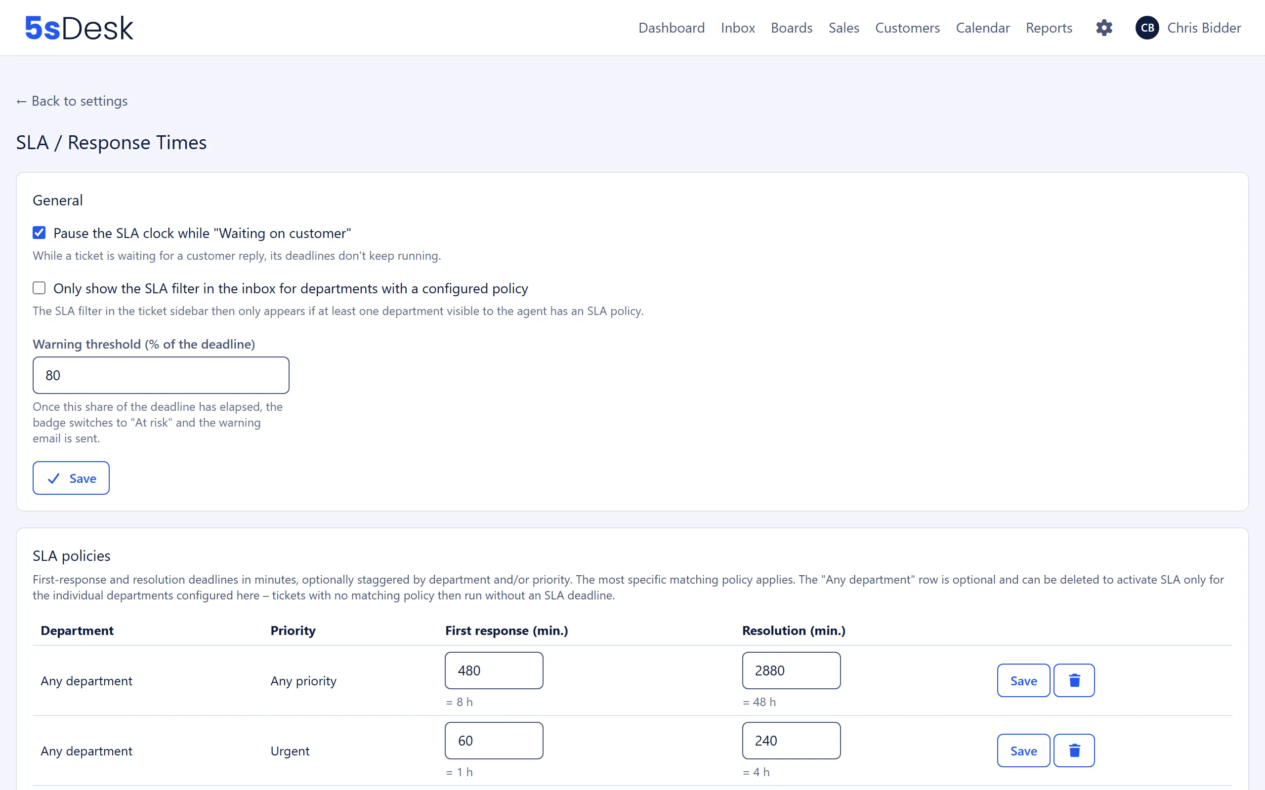 The SLA settings with the warning threshold and two SLA policies