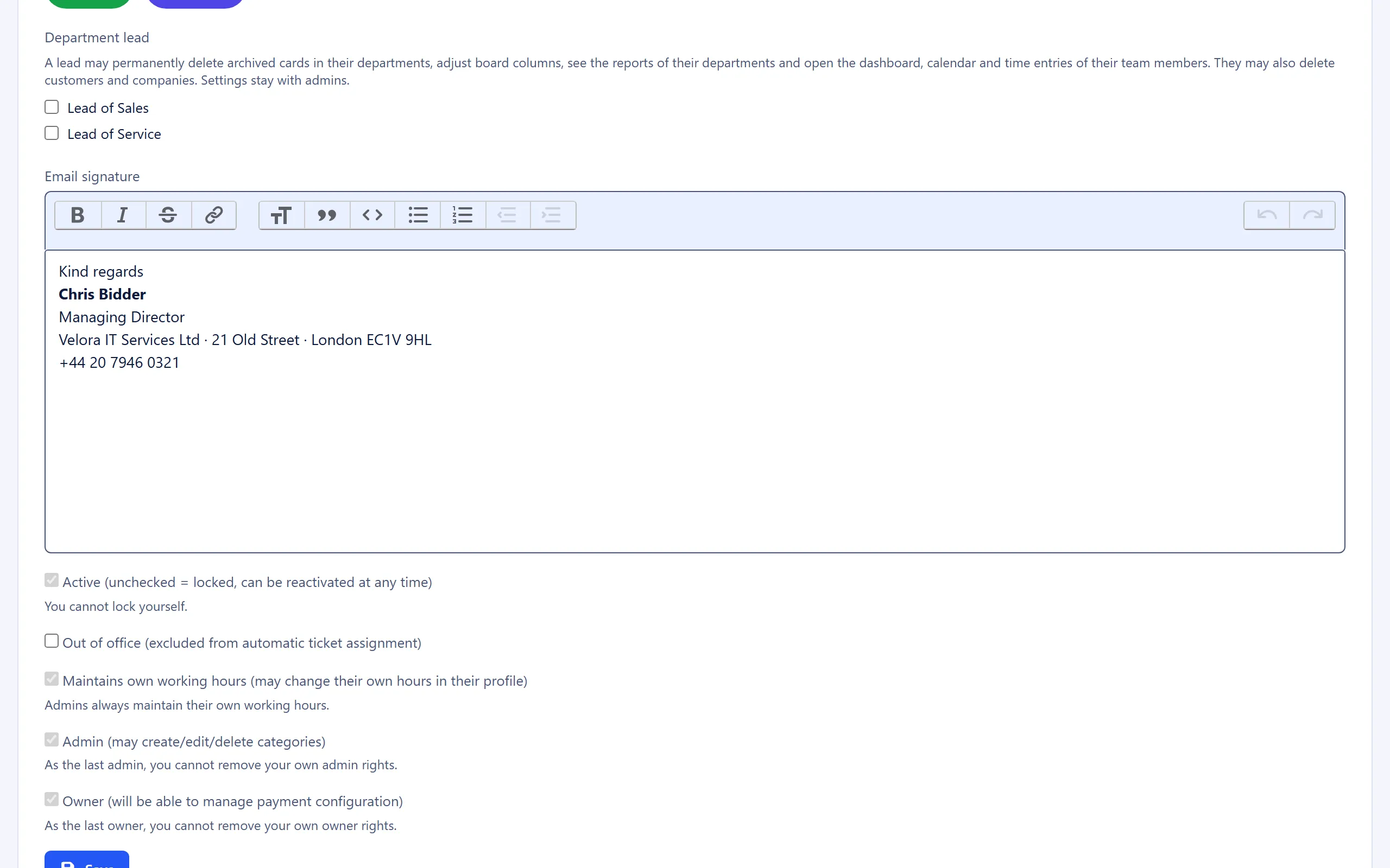 User form with the Admin, Owner and Department lead options