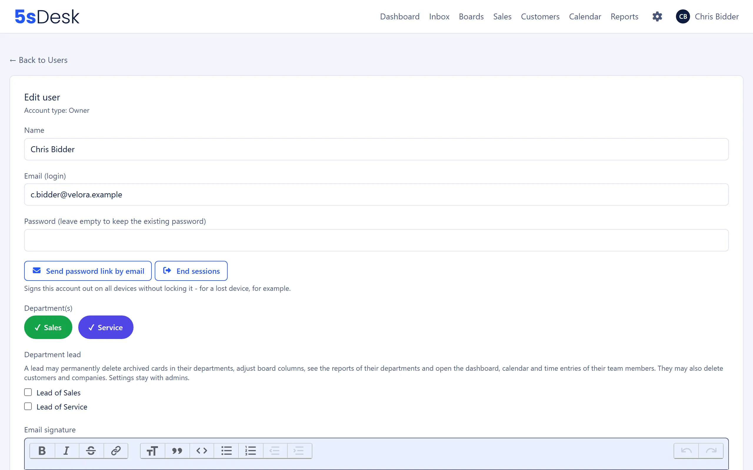 The Edit user form with department, role and department lead options