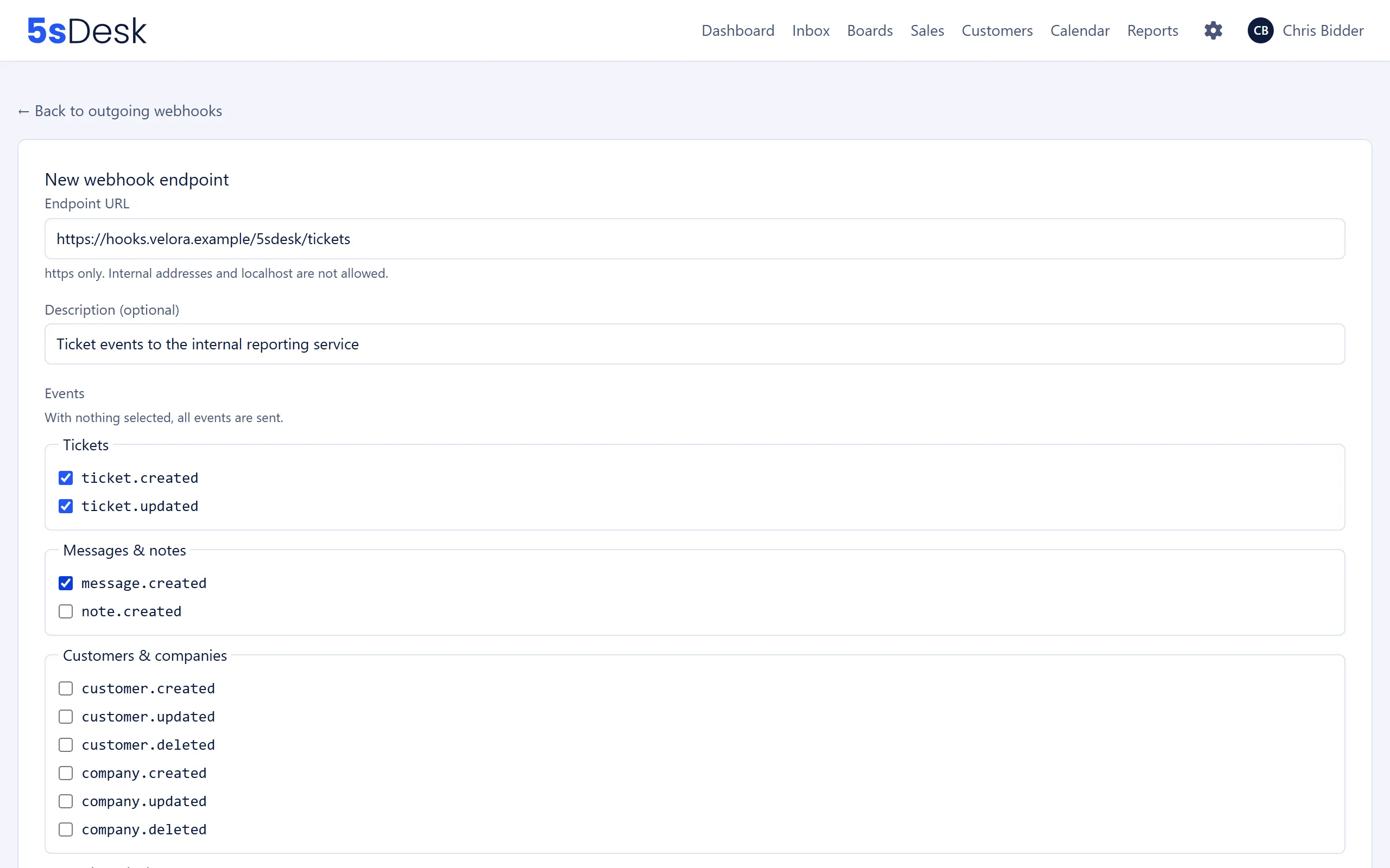 New webhook endpoint form with event groups and the data transfer confirmation